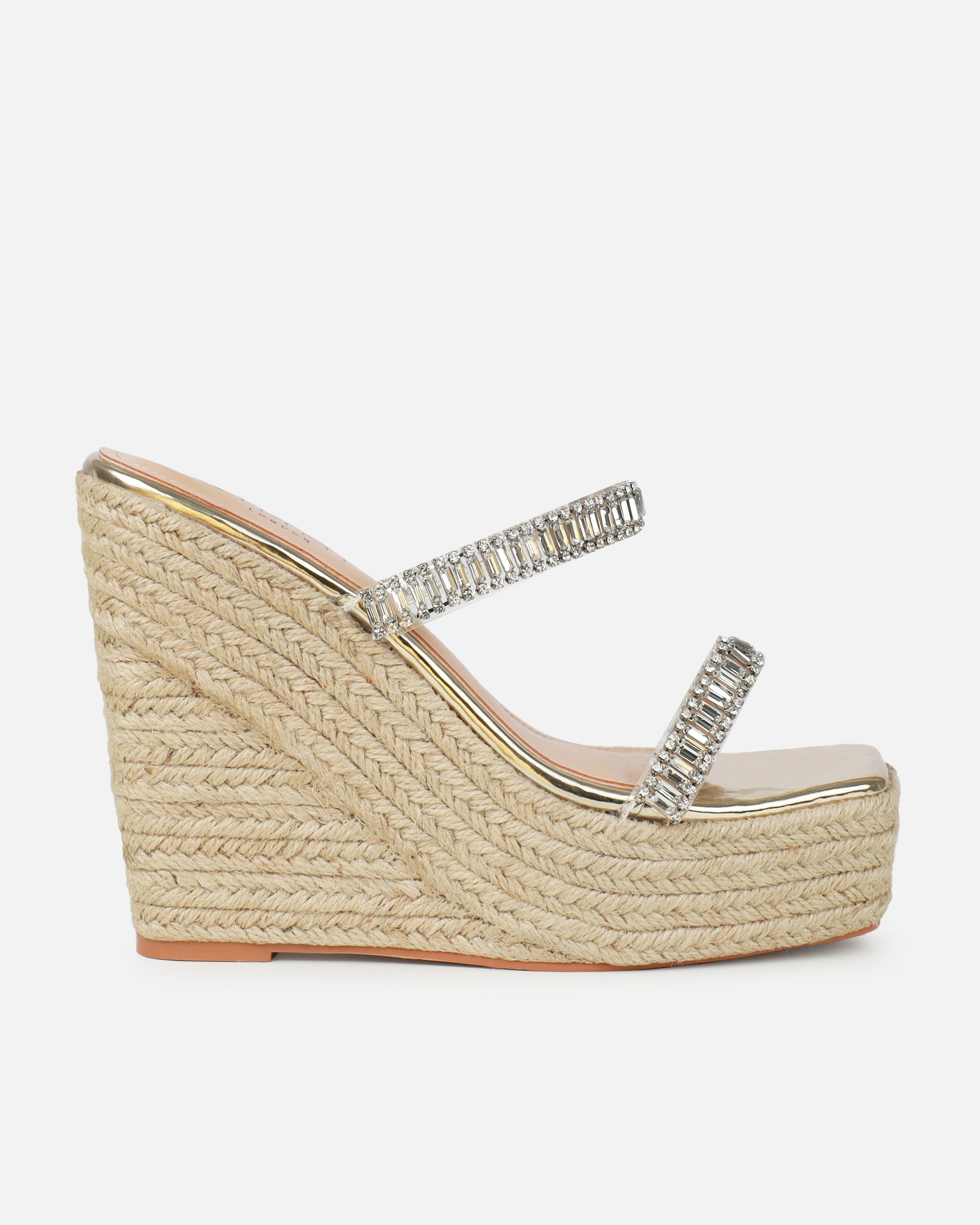 Celline Gold Diamante Strappy Espadrille Wedges