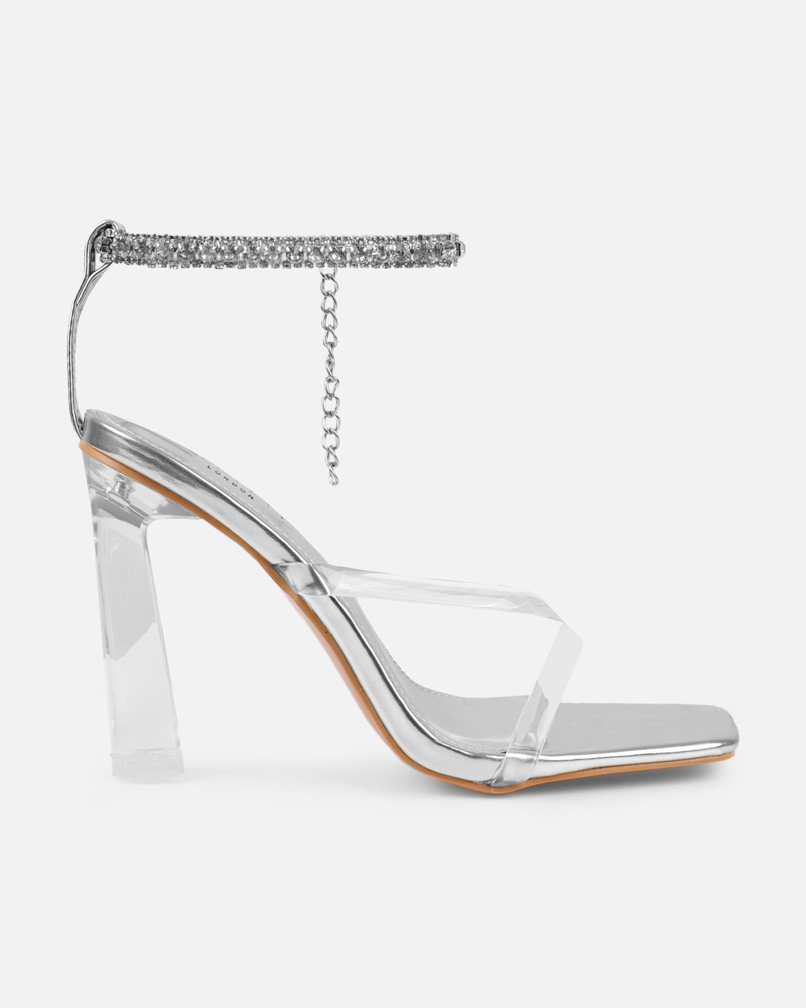 Faiith Clear Silver Metallic Diamante Anklet Heeled Sandals
