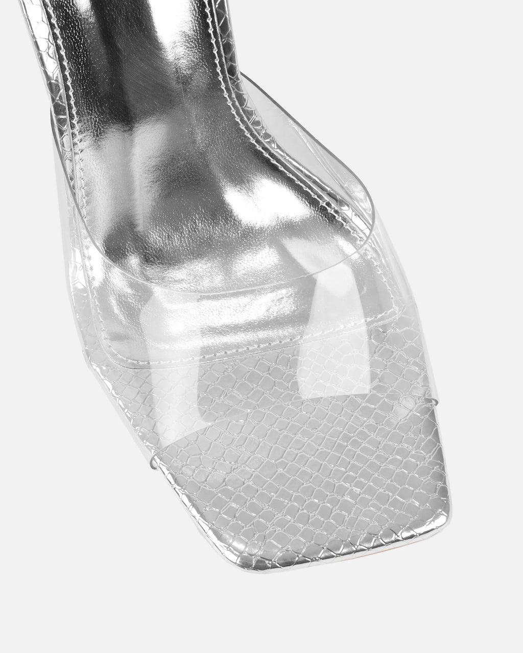 Maylee Clear Silver Faux Snake Metallic Mules