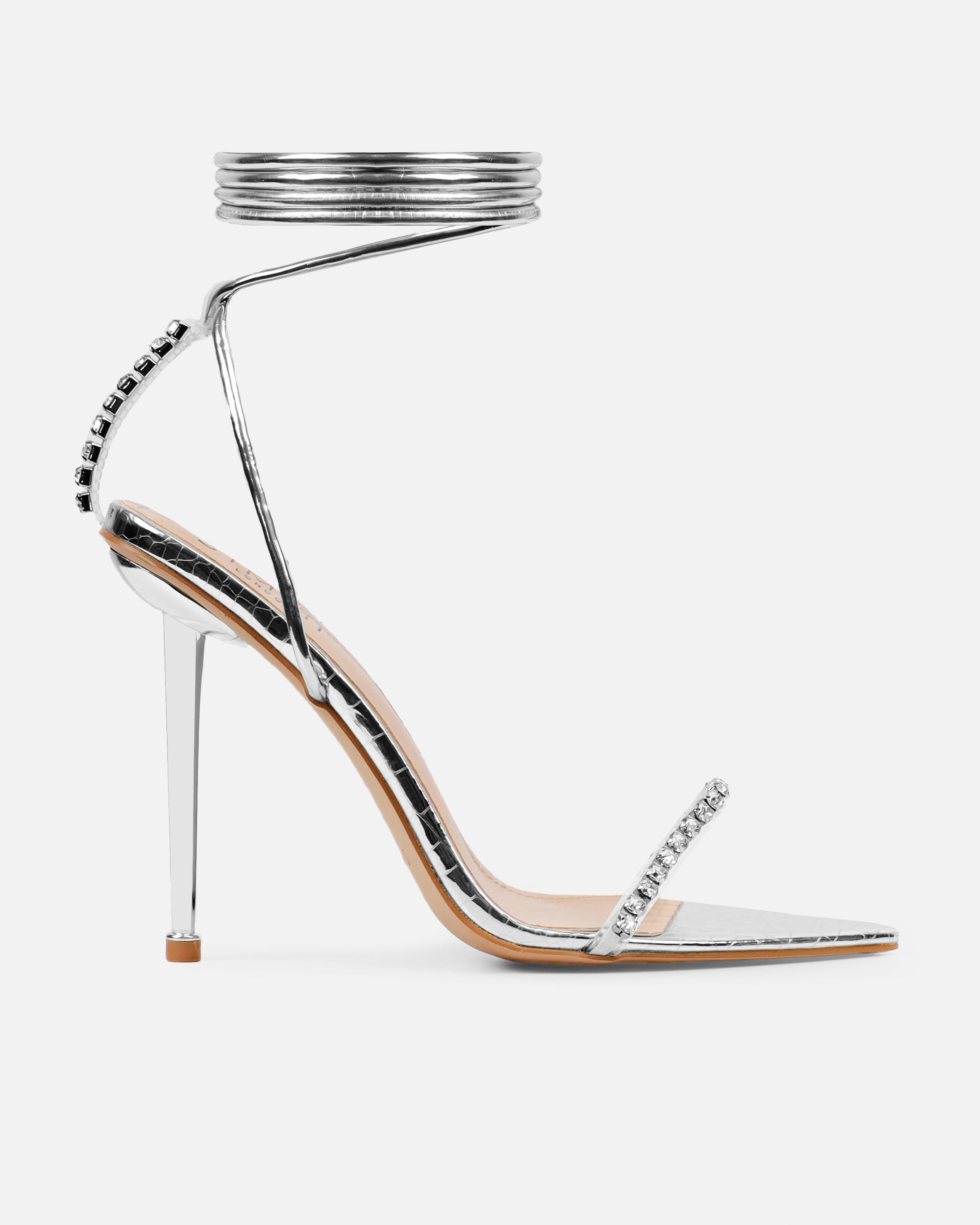 Felicity Silver Mirror Faux Snake Diamante Heels