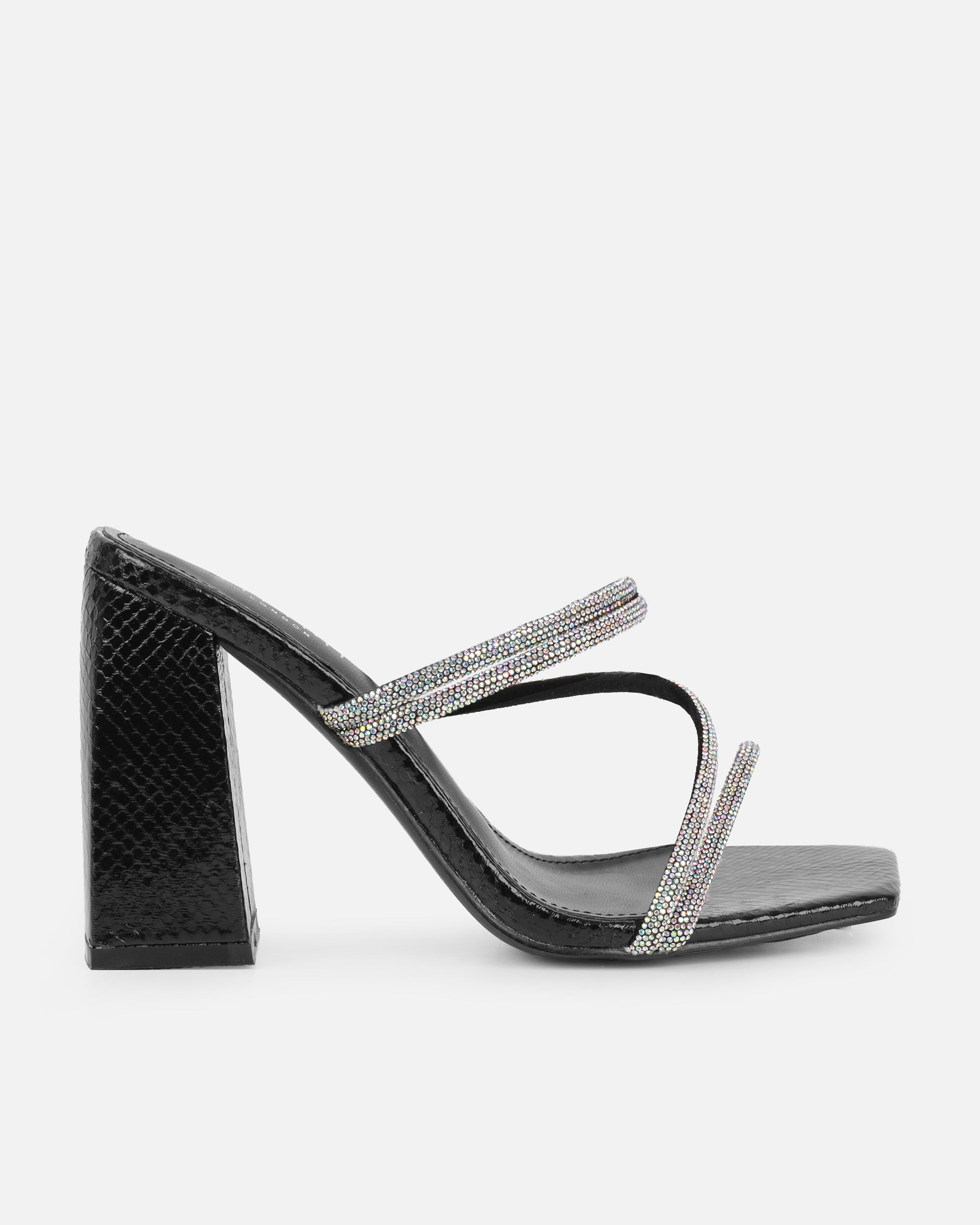 Ferne Black Faux Snake Diamante Block Heeled Sandals