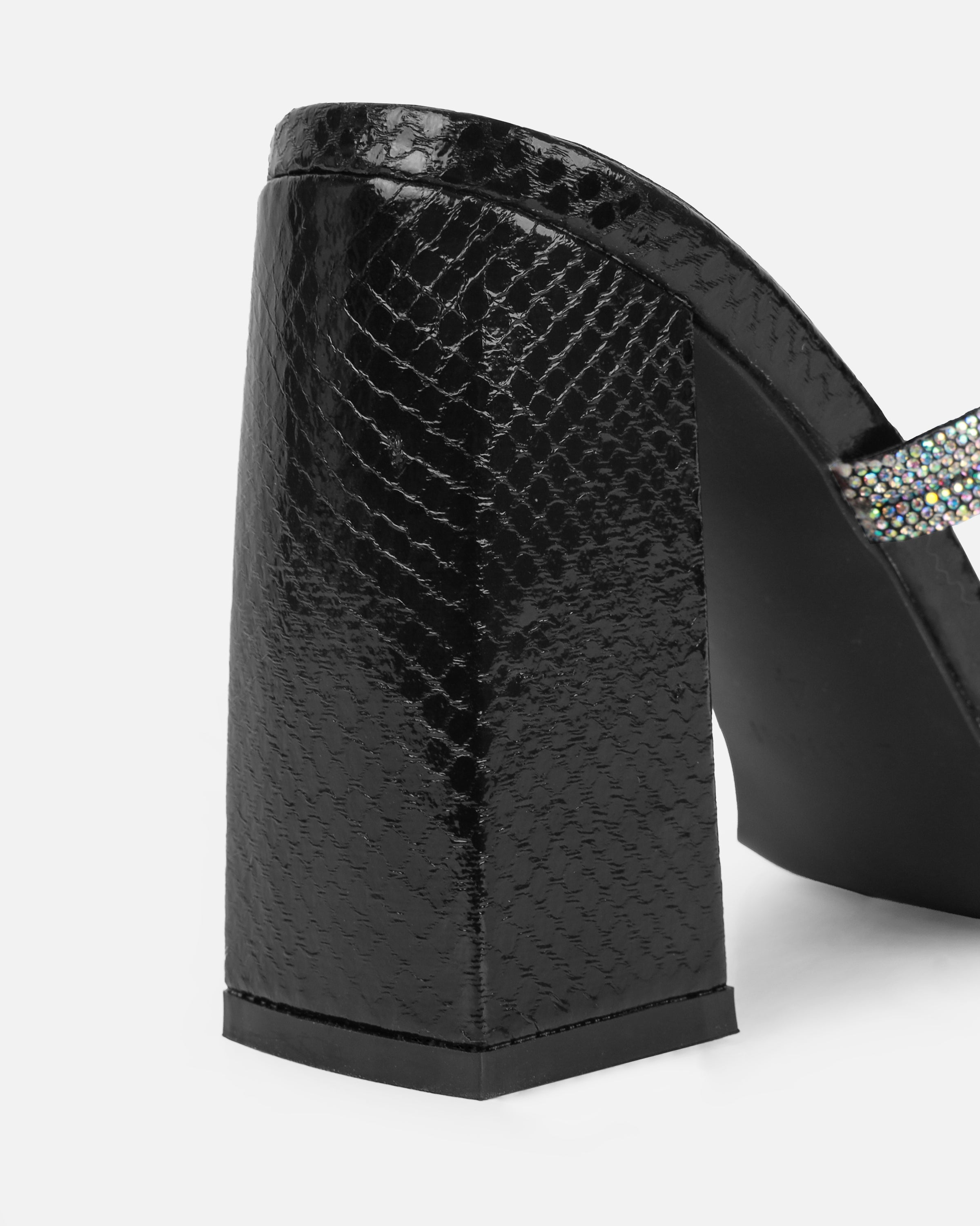 Ferne Black Faux Snake Diamante Block Heeled Sandals