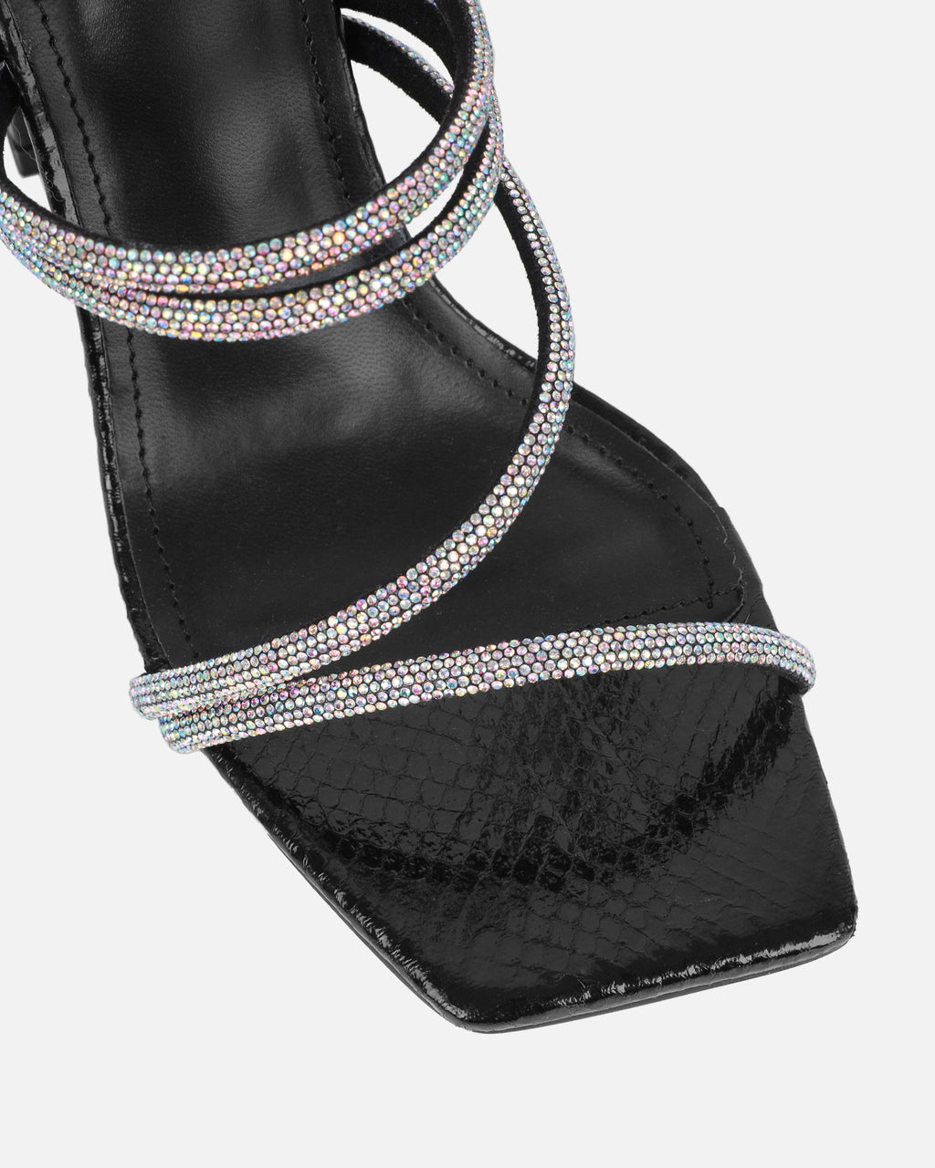 Ferne Black Faux Snake Diamante Block Heeled Sandals