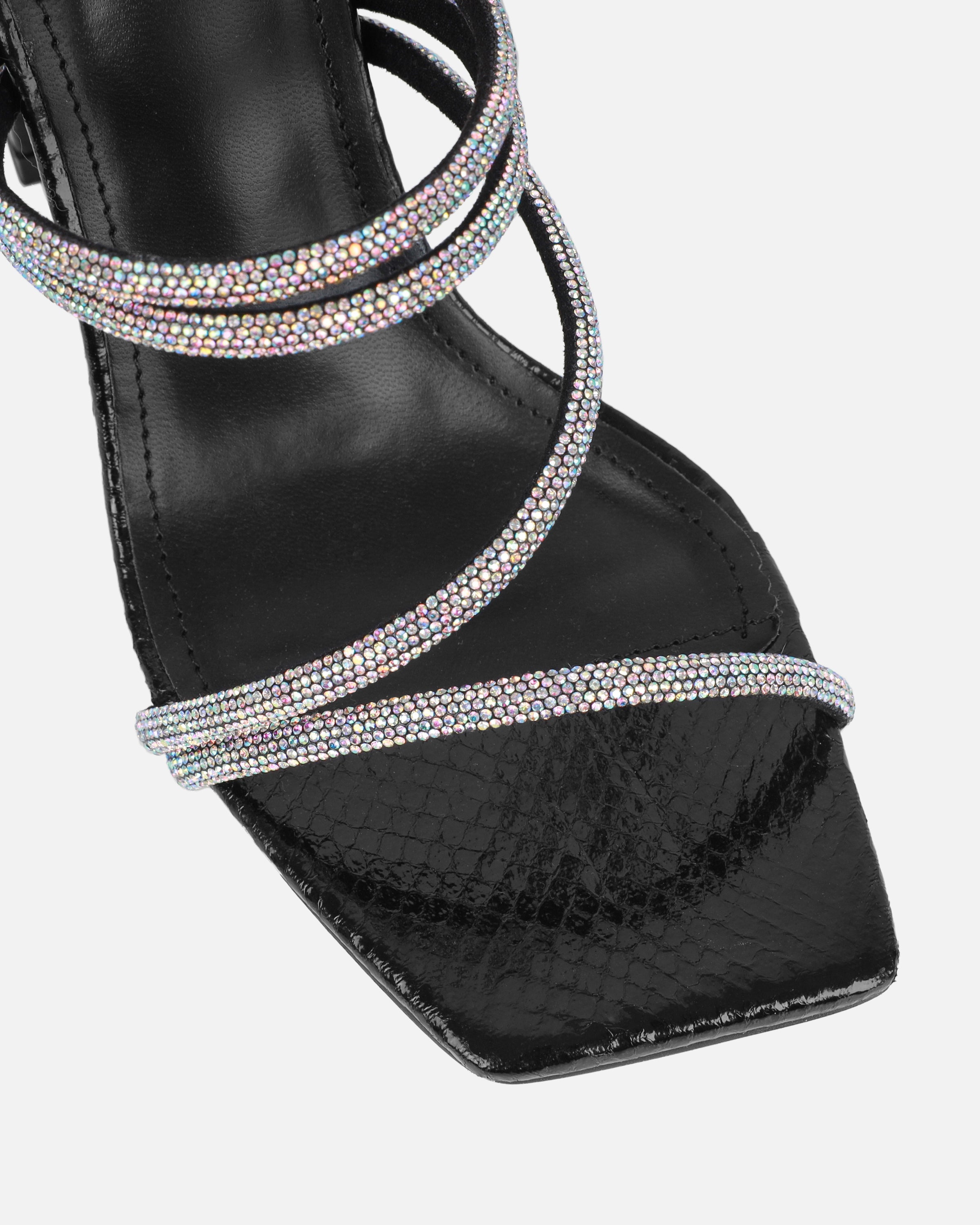 Ferne Black Faux Snake Diamante Block Heeled Sandals