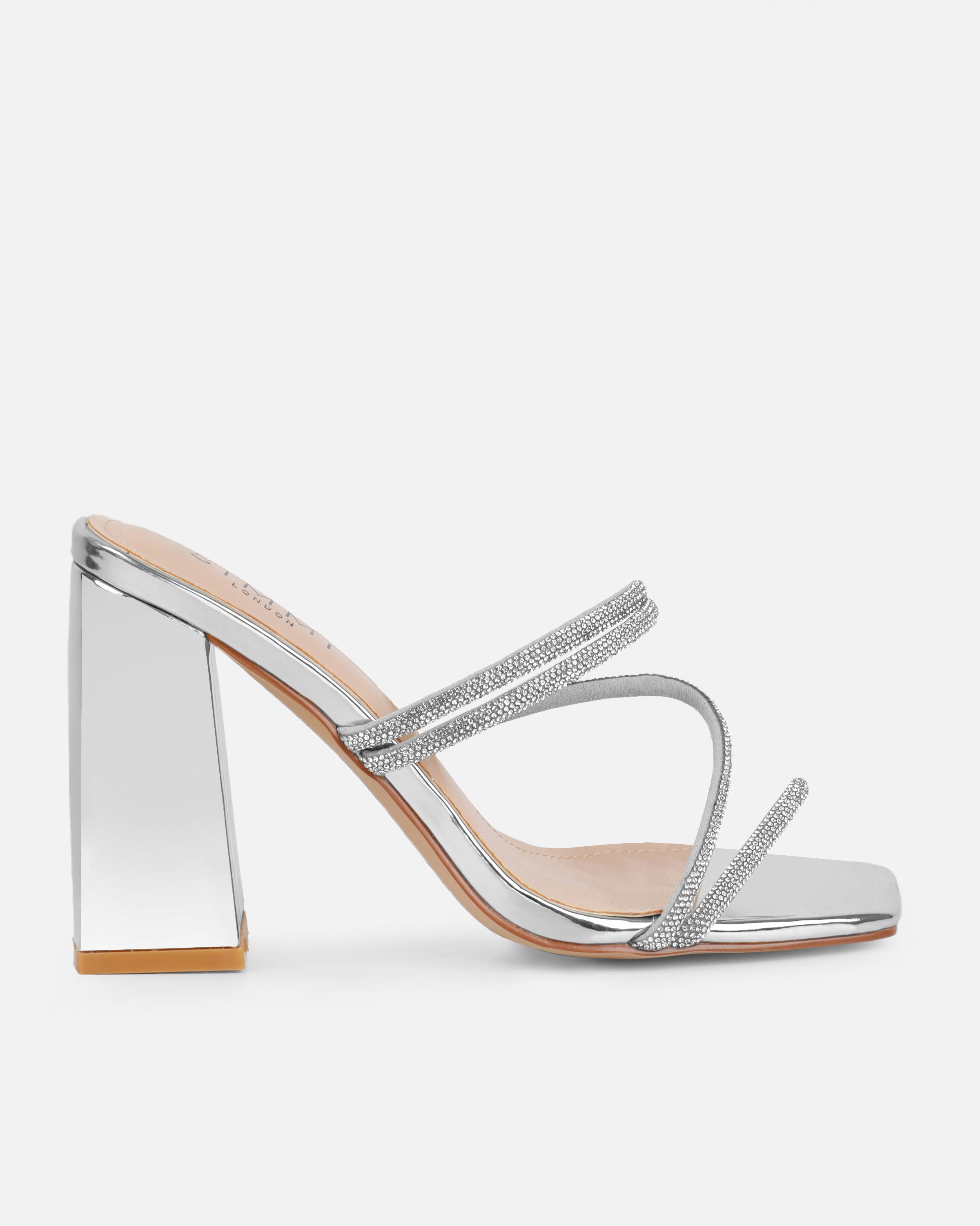 Ferne Silver Mirror Diamante Block Heeled Sandals