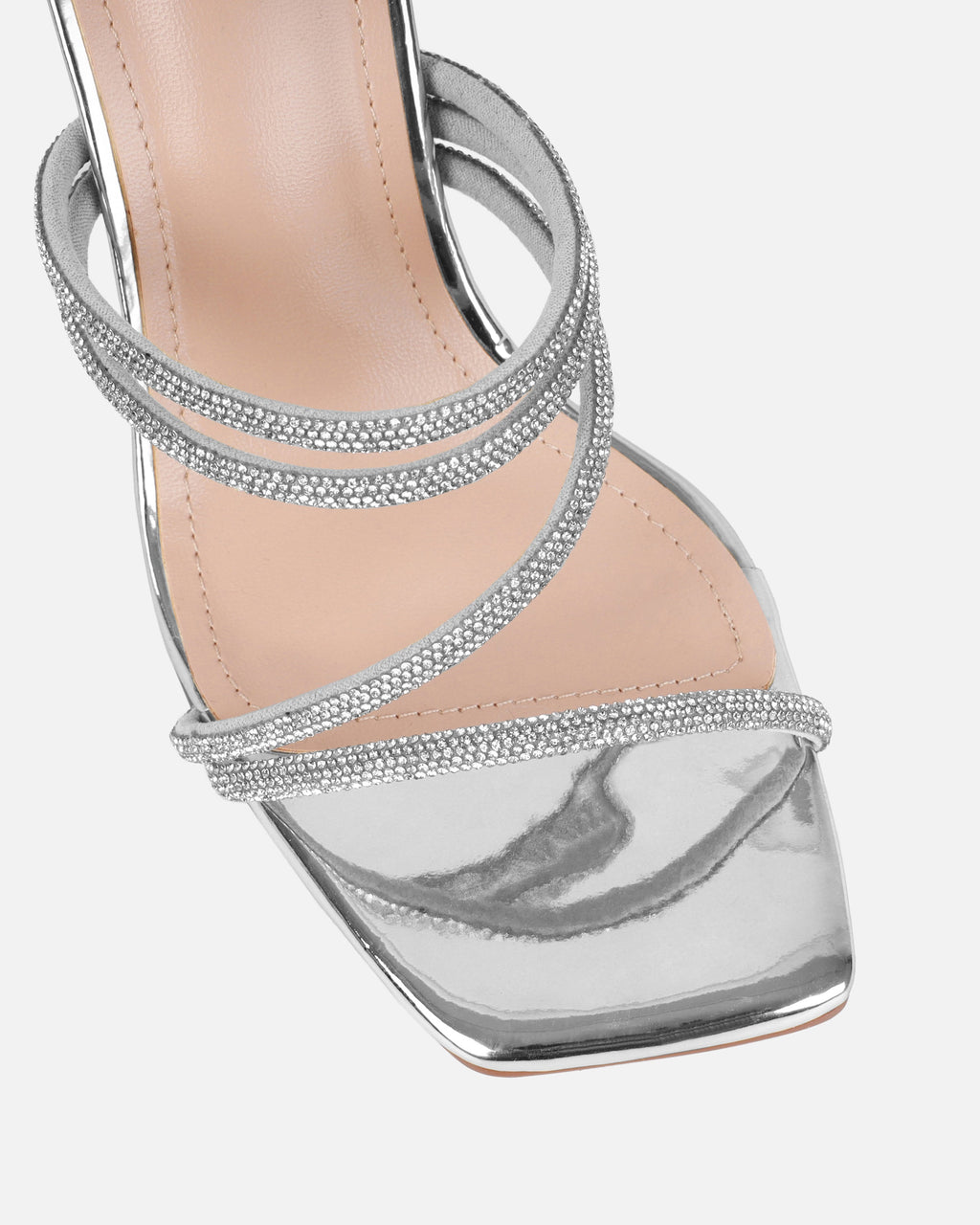 Ferne Silver Mirror Diamante Block Heeled Sandals