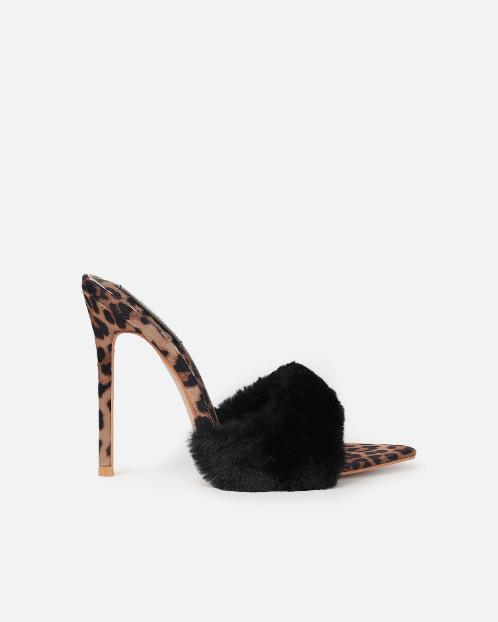 Fantazia Black Leopard Faux Fur Stiletto Mules