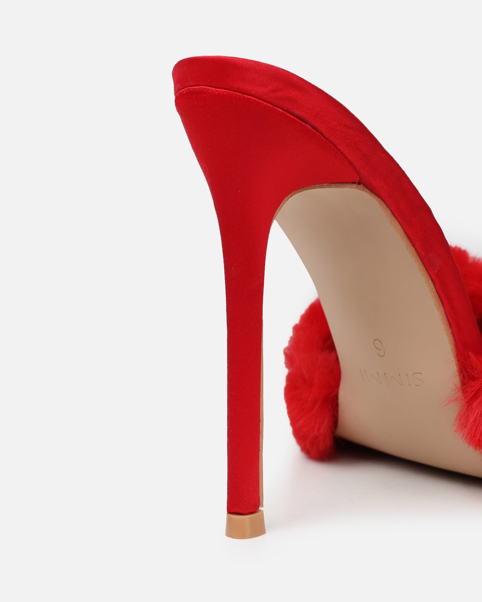 Fantazia Red Satin Faux Fur Stiletto Mules