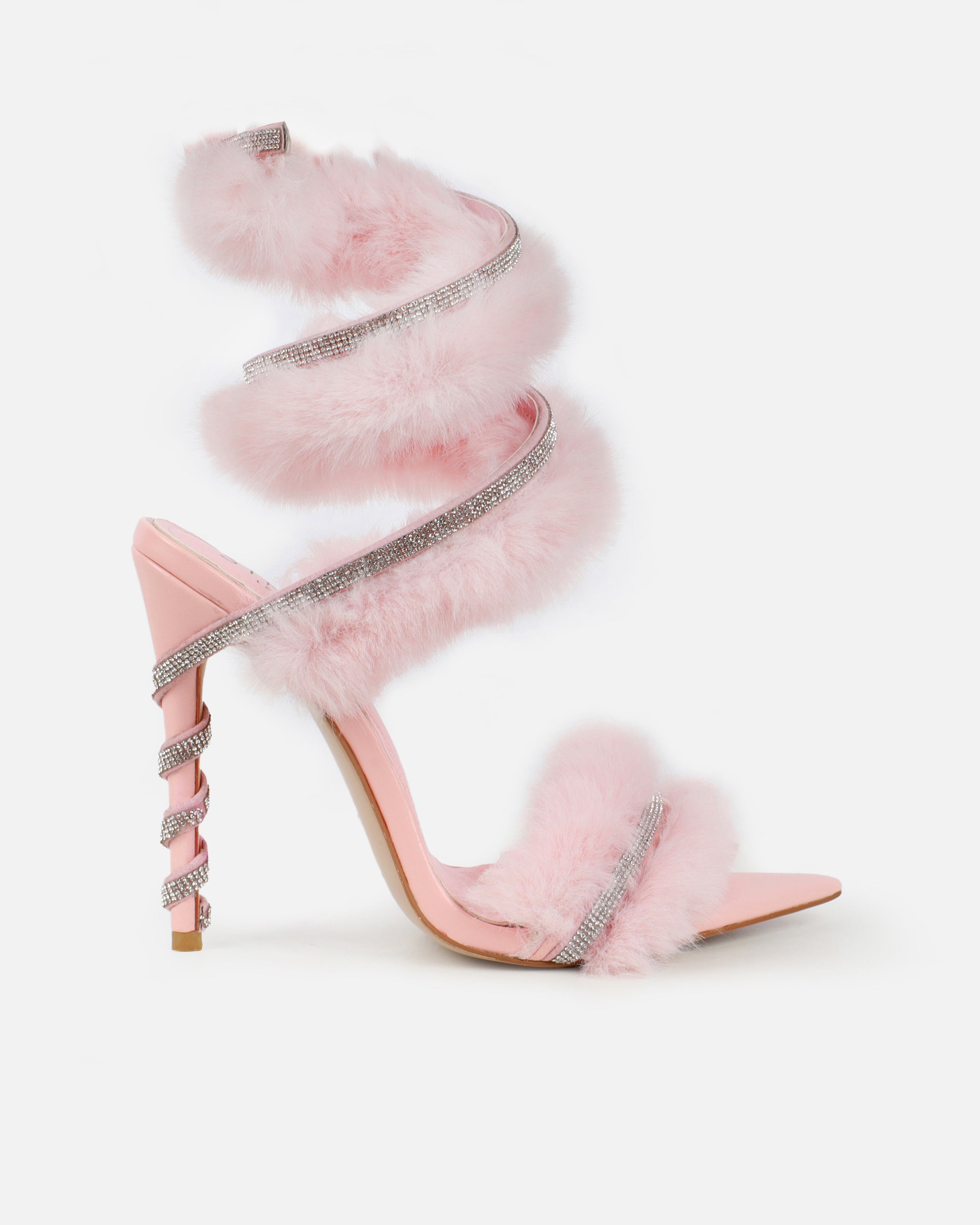 Queen Baby Pink Faux Fur Diamante Spiral Sandals