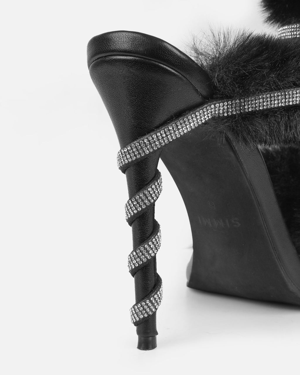 Queen Black Faux Fur Diamante Spiral Sandals