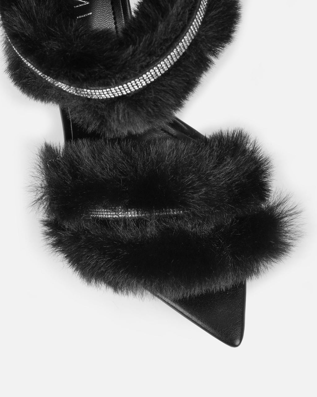 Queen Black Faux Fur Diamante Spiral Sandals