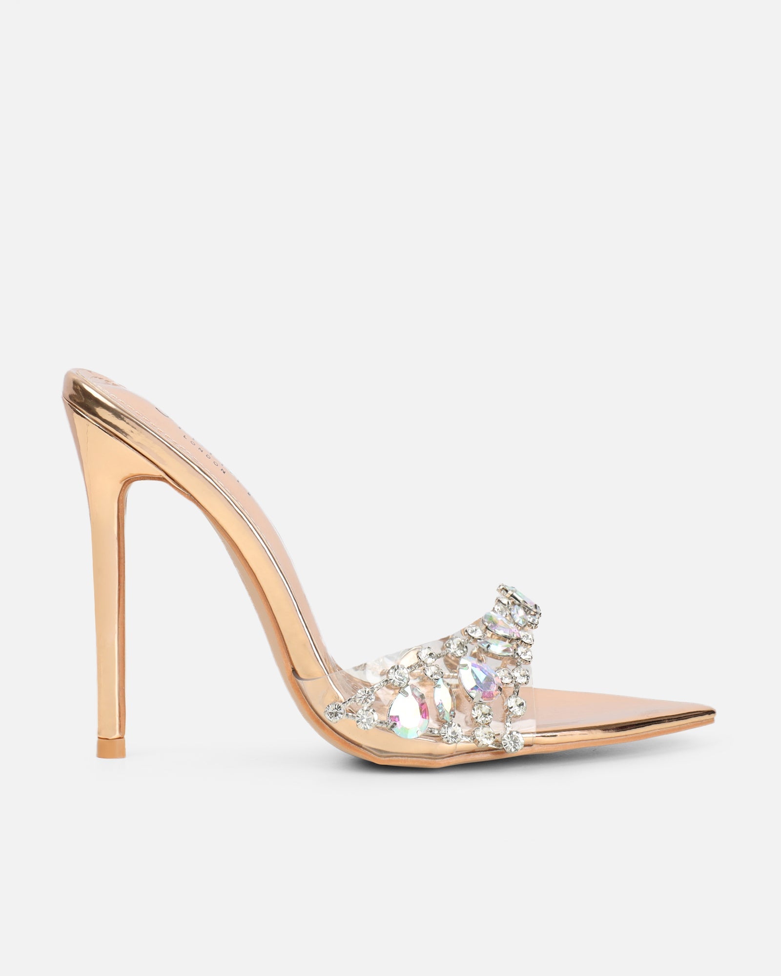 Fatima Rose Gold Mirror Diamante Stiletto Mules