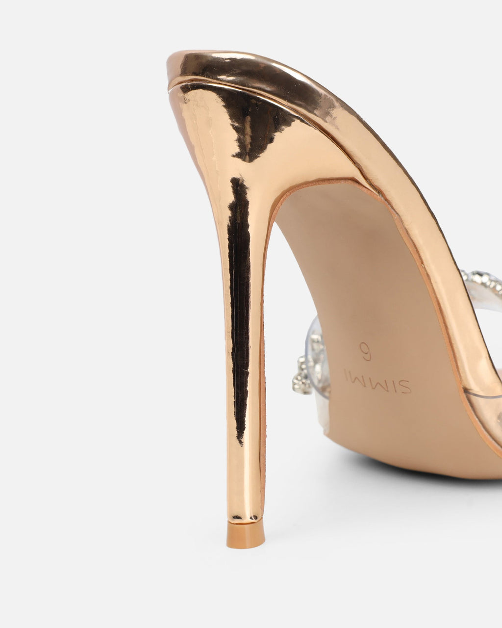 Fatima Rose Gold Mirror Diamante Stiletto Mules