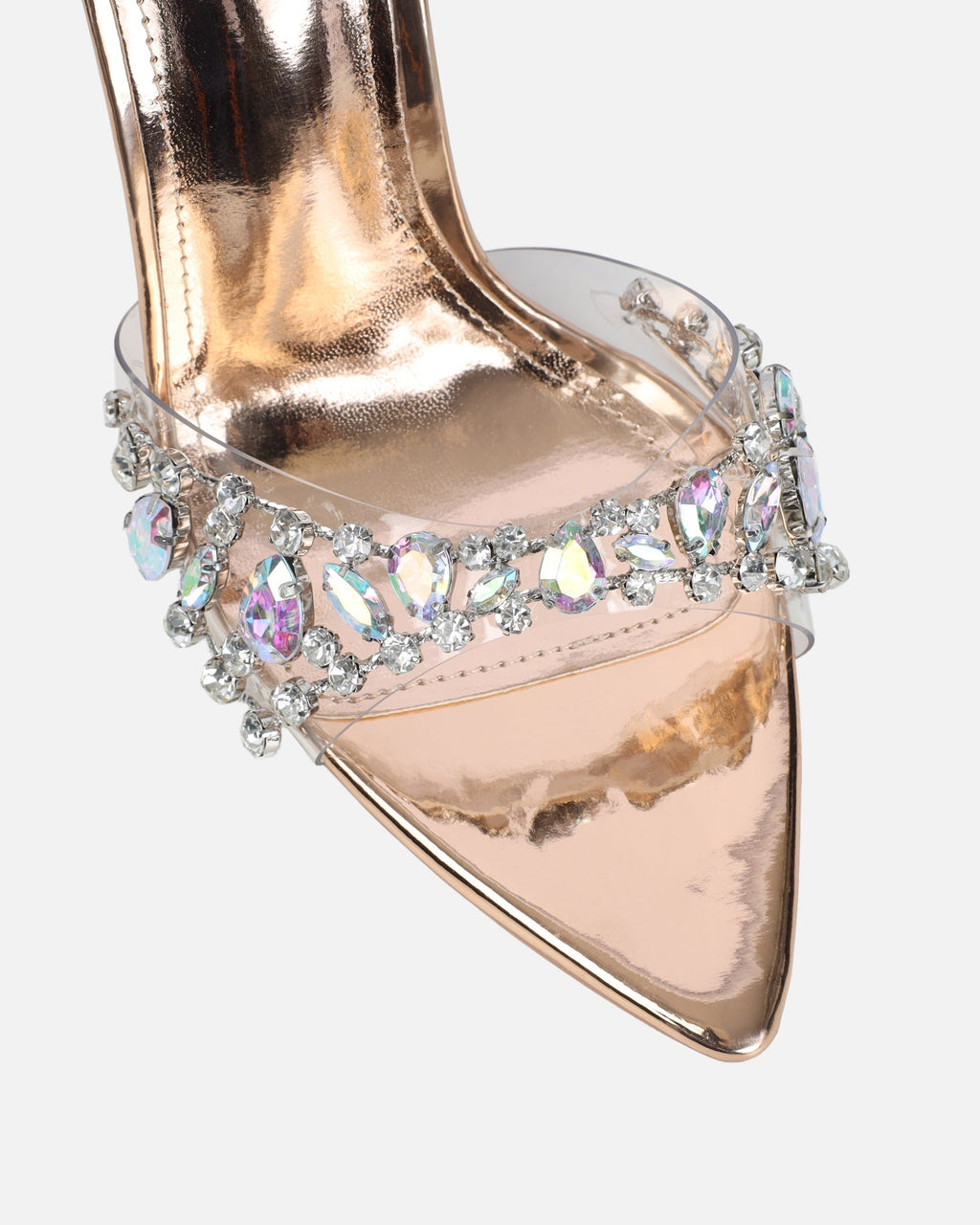 Fatima Rose Gold Mirror Diamante Stiletto Mules