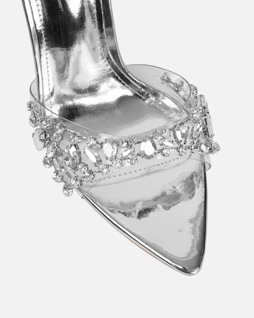 Fatima Silver Mirror Diamante Stiletto Mules