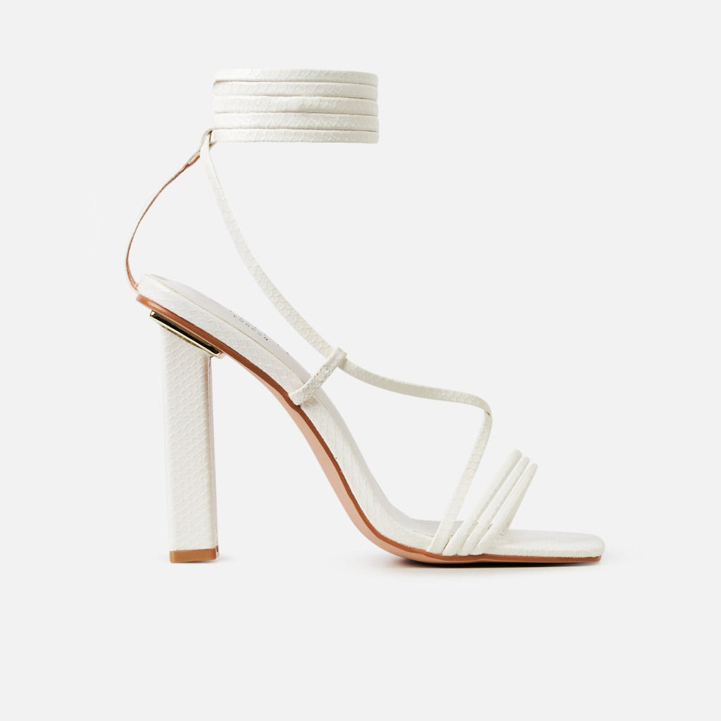 Messina White Faux Snake Print Lace Up Block Heels