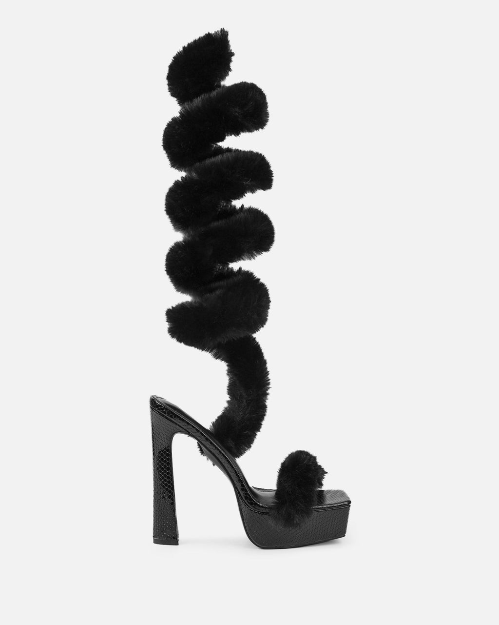 Curly Black Snake Faux Fur Platform Sandals