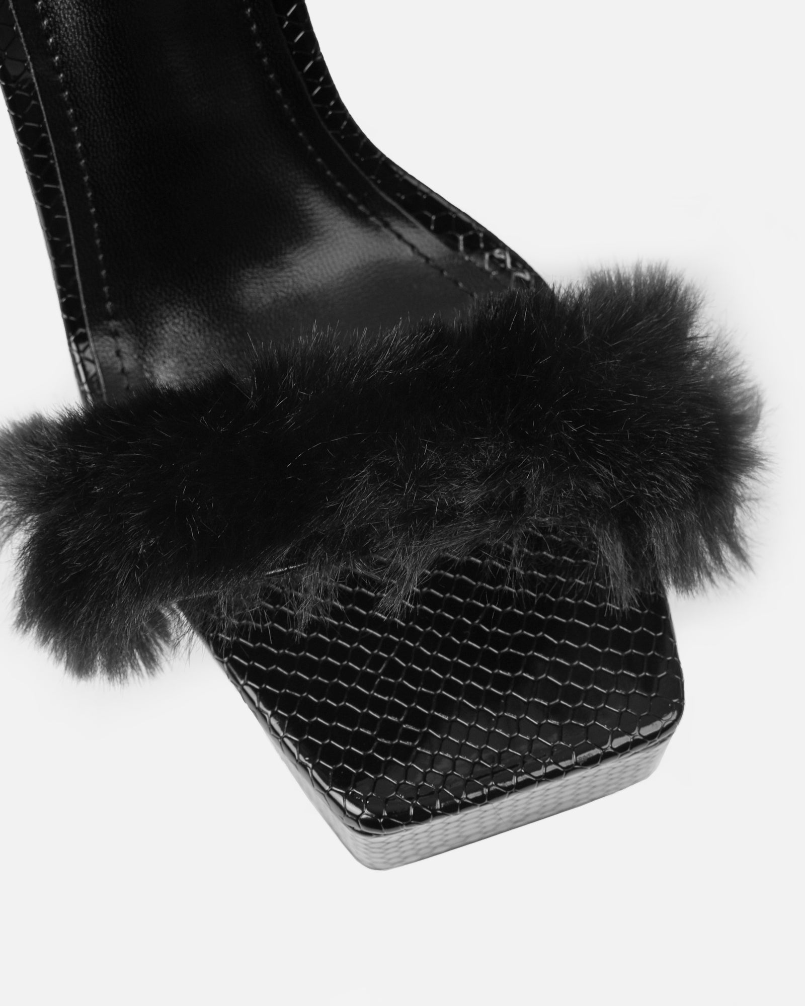 Curly Black Snake Faux Fur Platform Sandals
