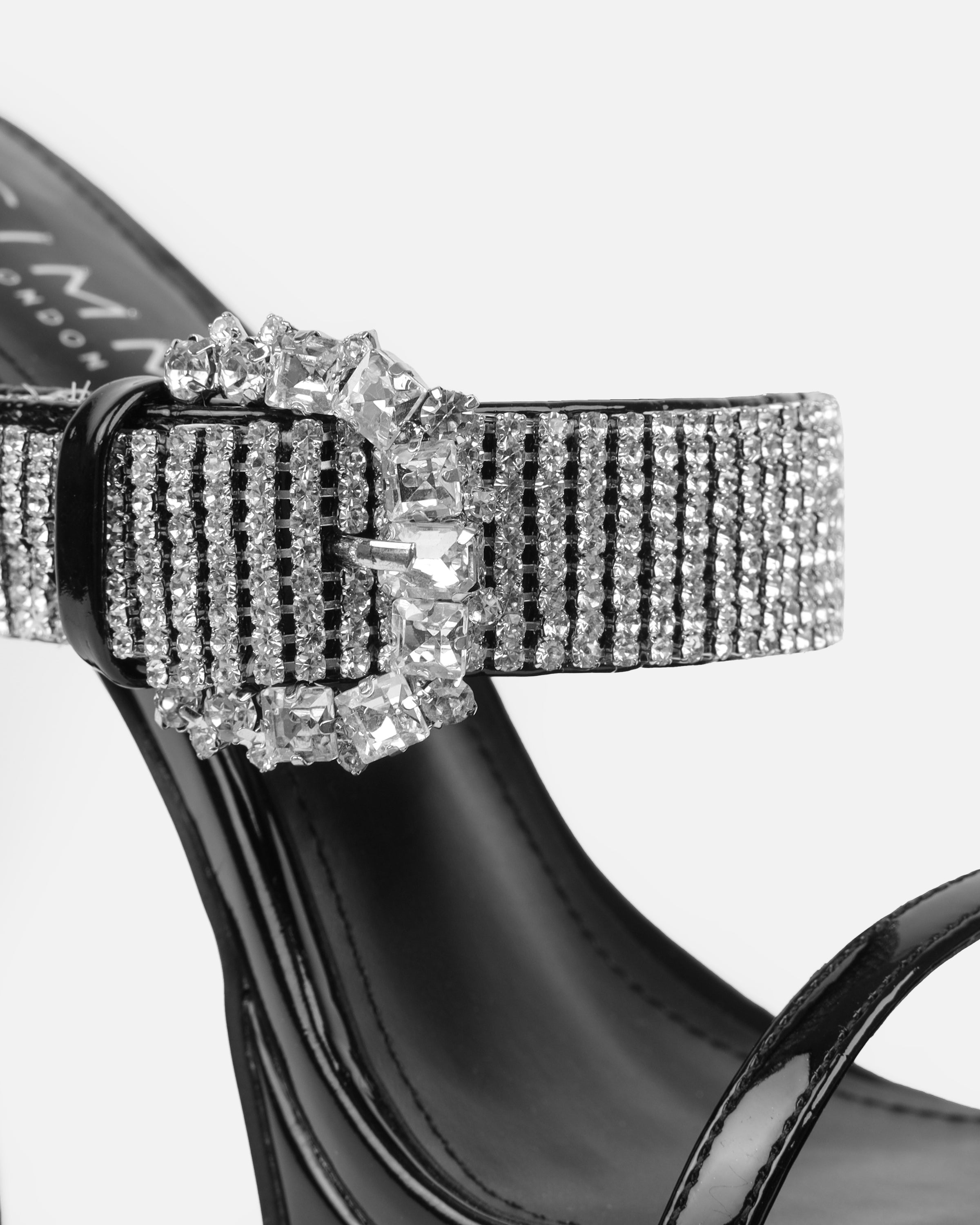 Syd Black Patent Diamante Buckle Platform Mules