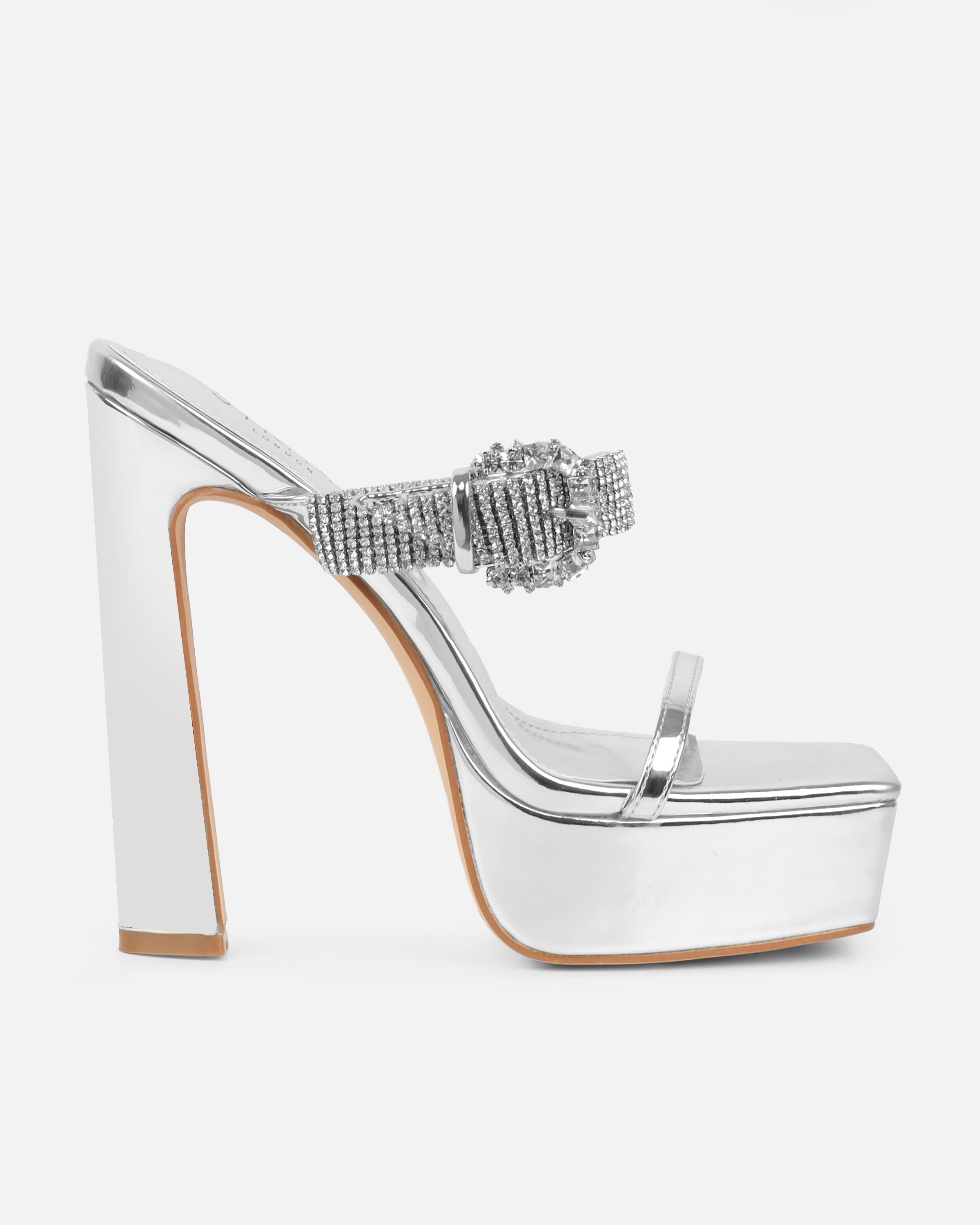 Syd Silver Mirror Diamante Buckle Platform Mules