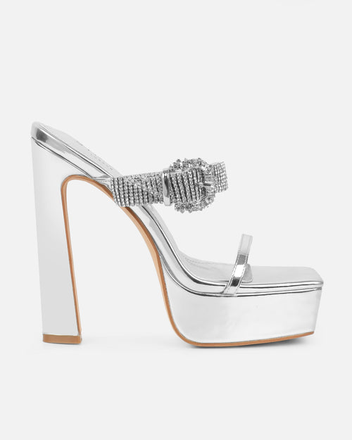 Syd Silver Mirror Diamante Buckle Platform Mules