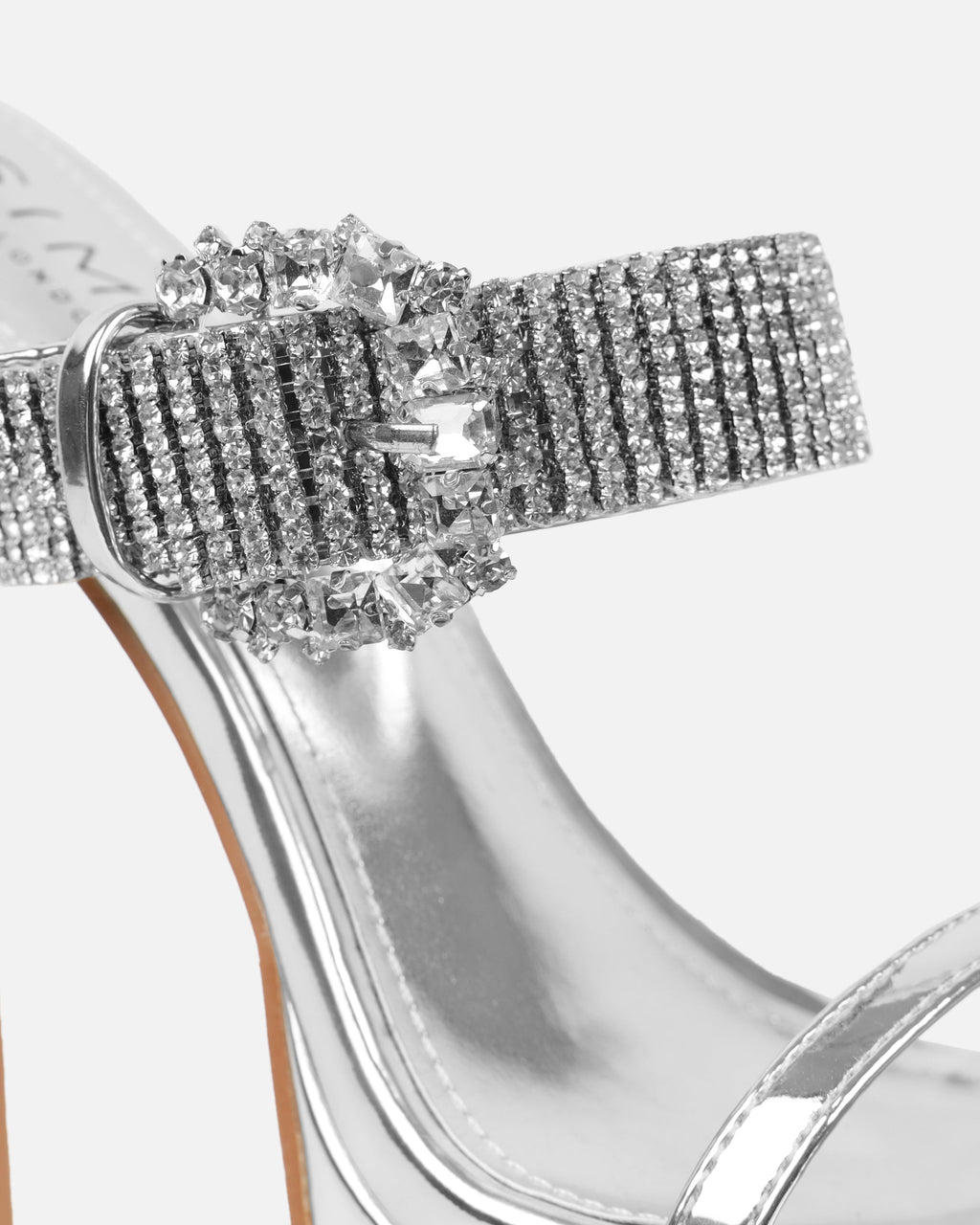 Syd Silver Mirror Diamante Buckle Platform Mules