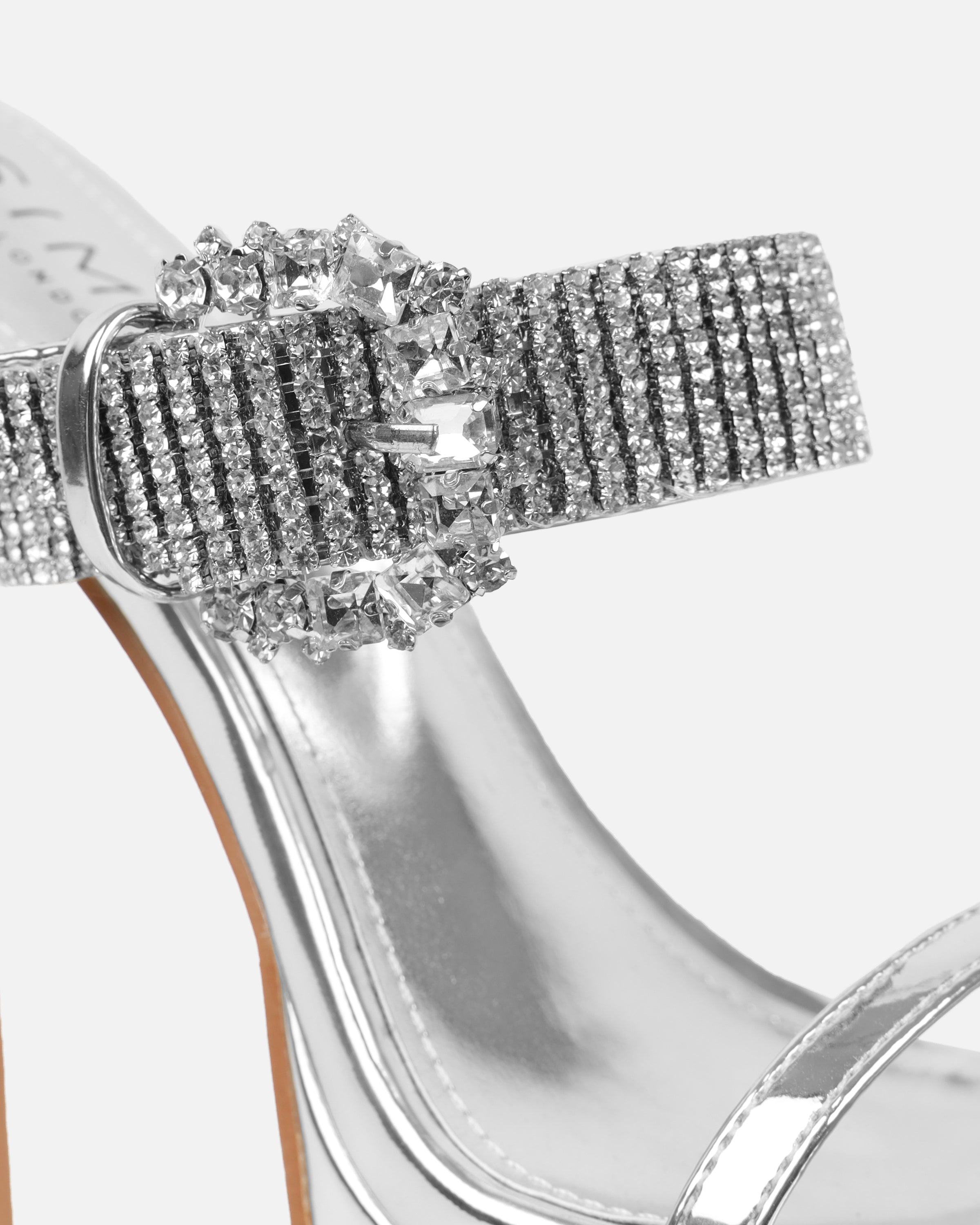 Syd Silver Mirror Diamante Buckle Platform Mules