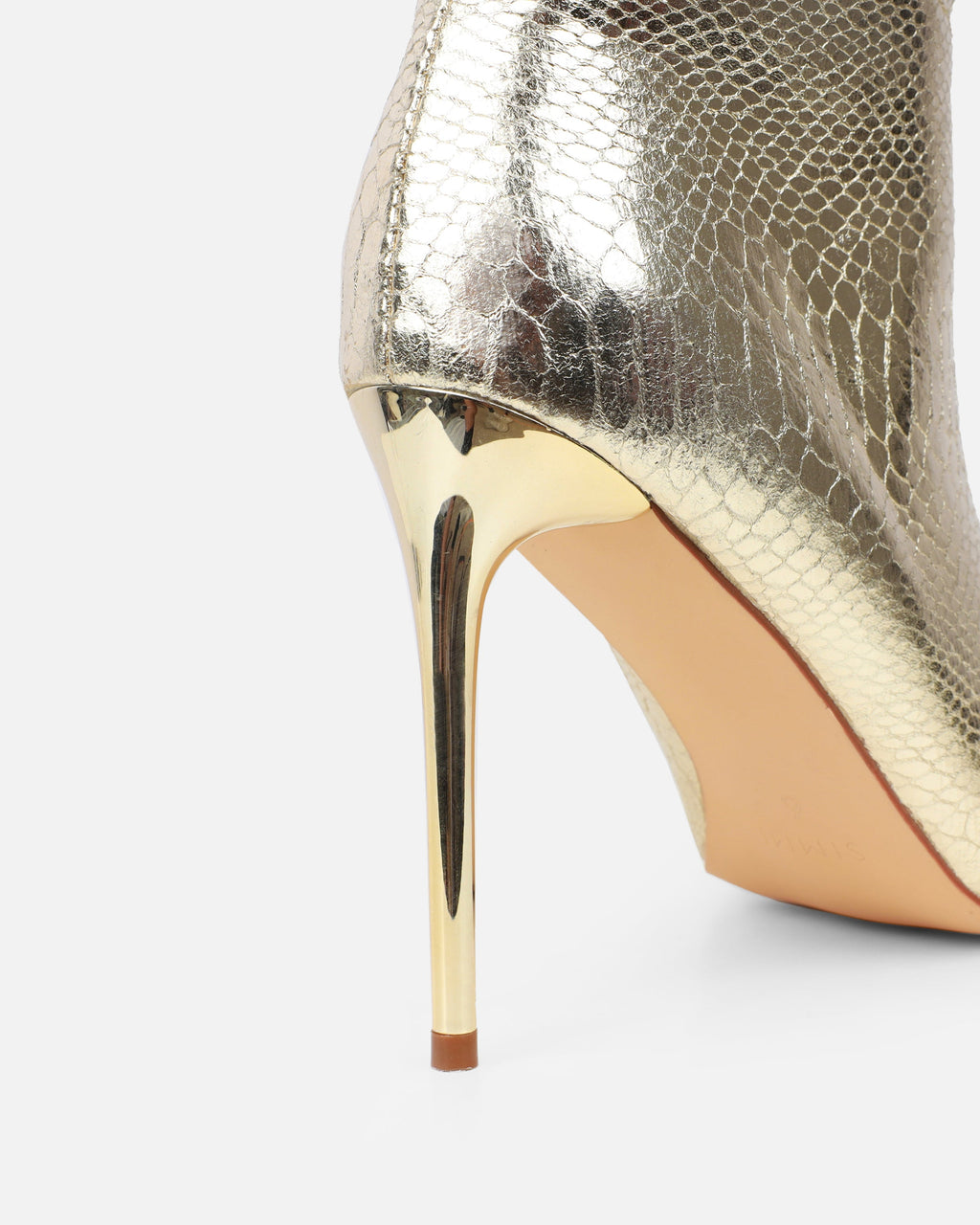 Giles Gold Metallic Faux Snake Ruched Stiletto Mid Calf Boots