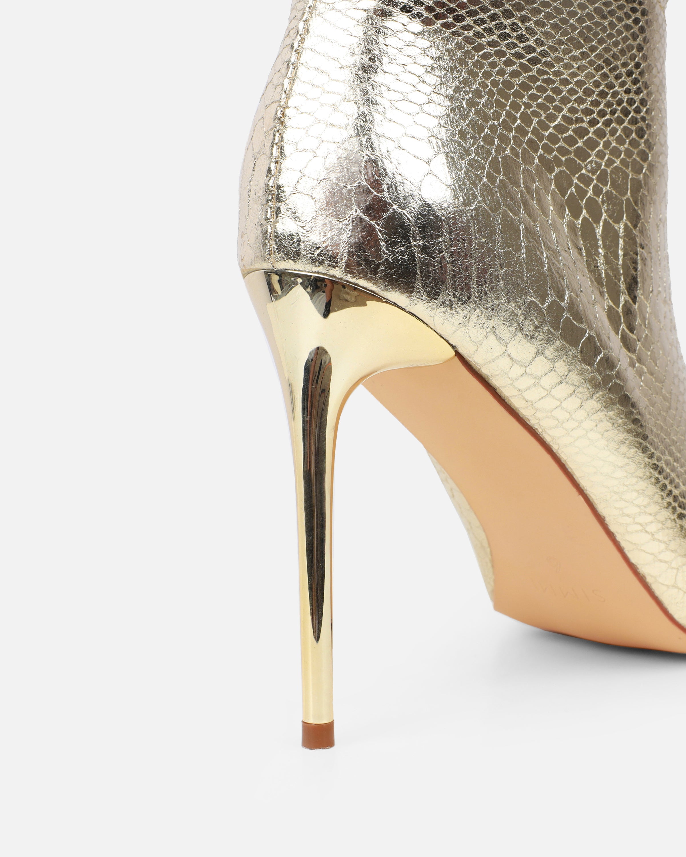 Giles Gold Metallic Faux Snake Ruched Stiletto Mid Calf Boots