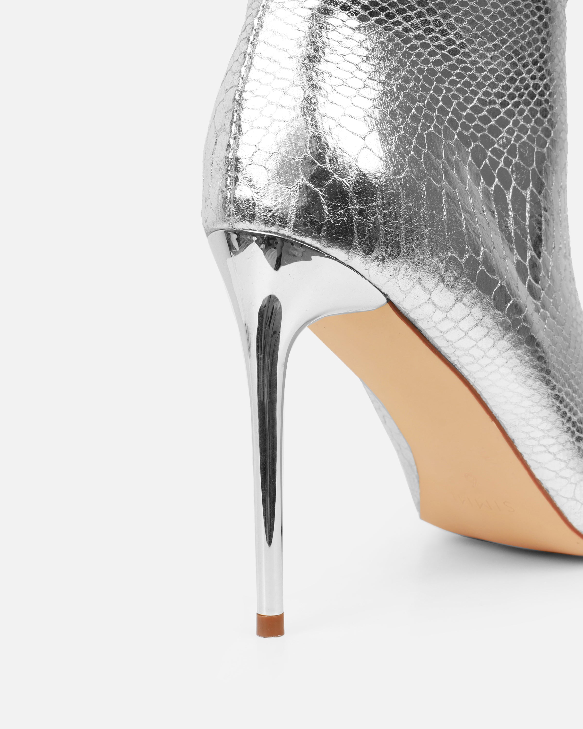 Giles Silver Metallic Faux Snake Ruched Stiletto Mid Calf Boots