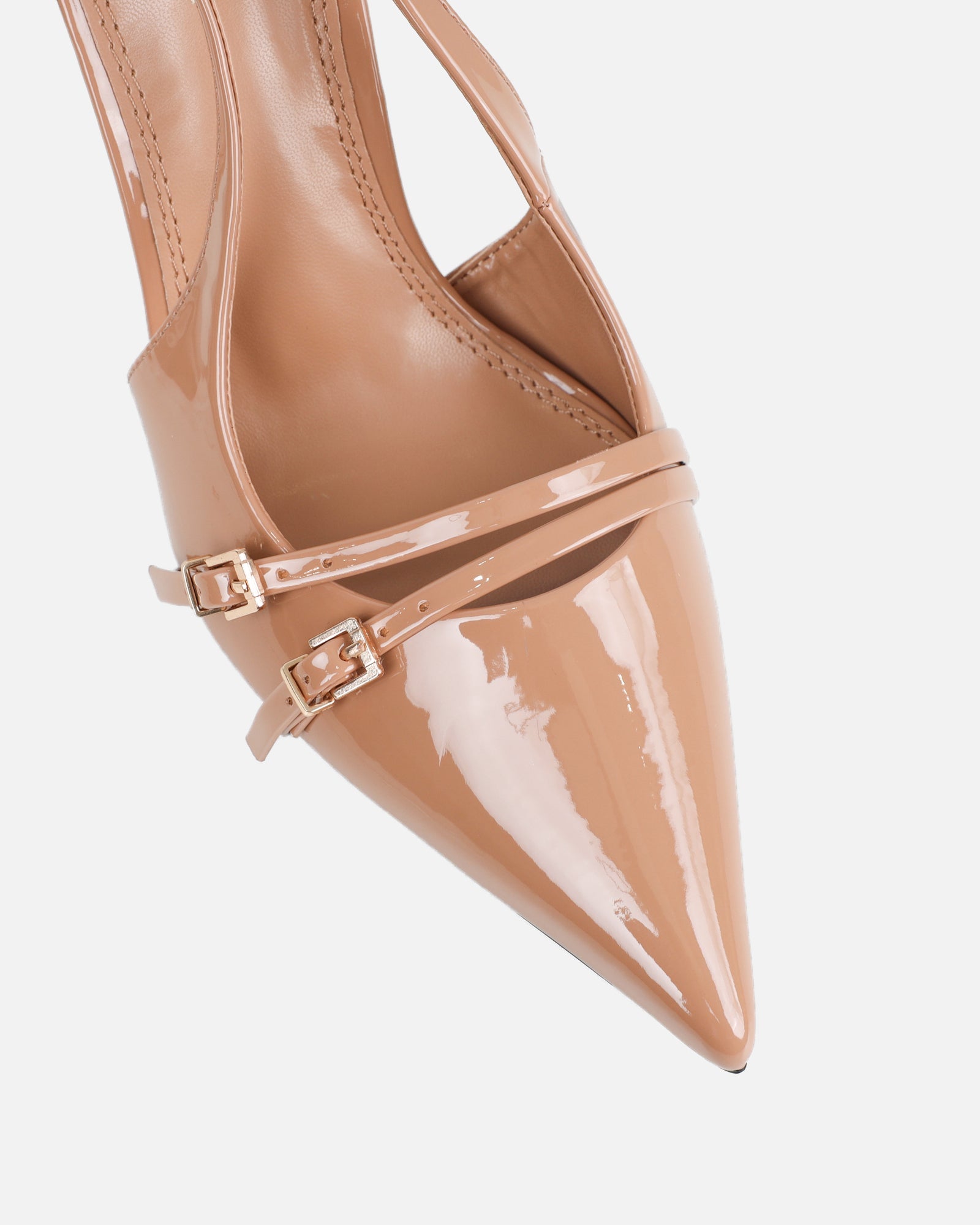 Marika nude patent buckle detail slingback courts