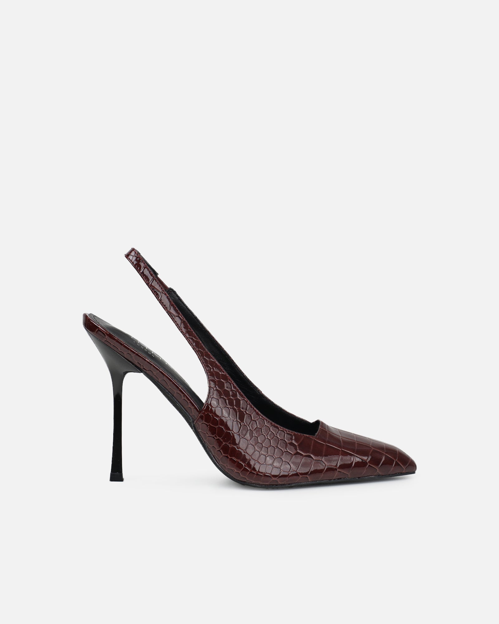 Indira Chocolate Croc Effect Slingback Court Shoes