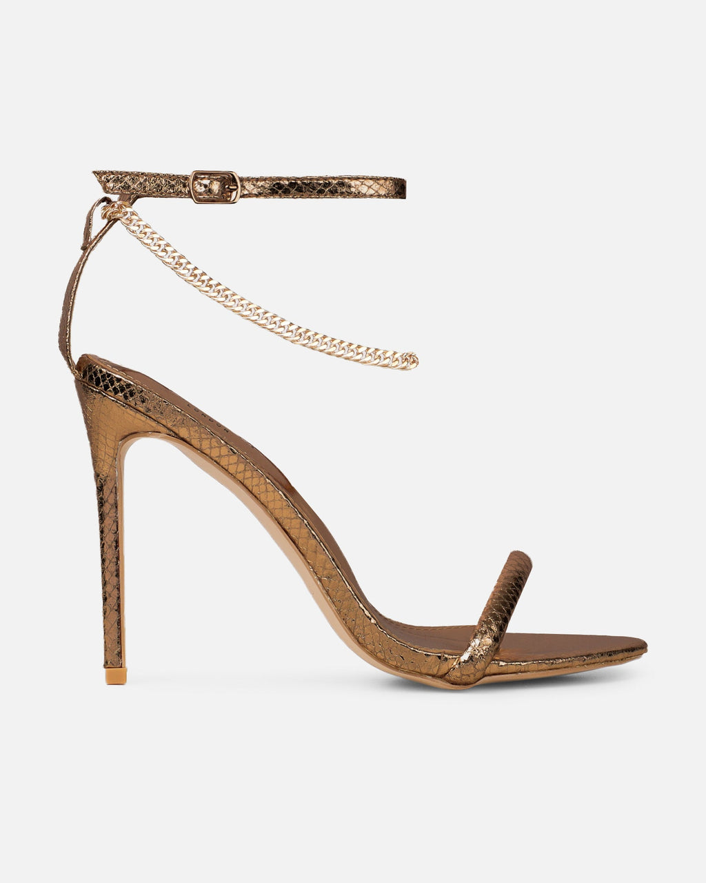 Harika Bronze Snake Chain Detail Heeled Sandals