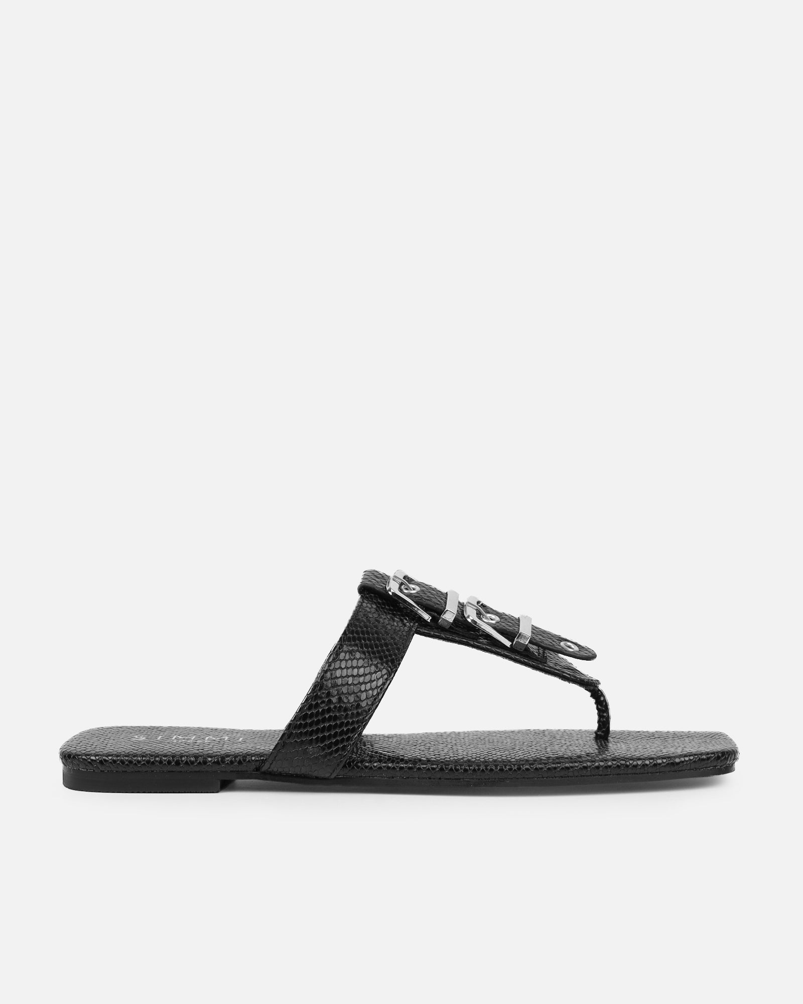 Harlowe Black Snake Buckle Detail Flat Sandals