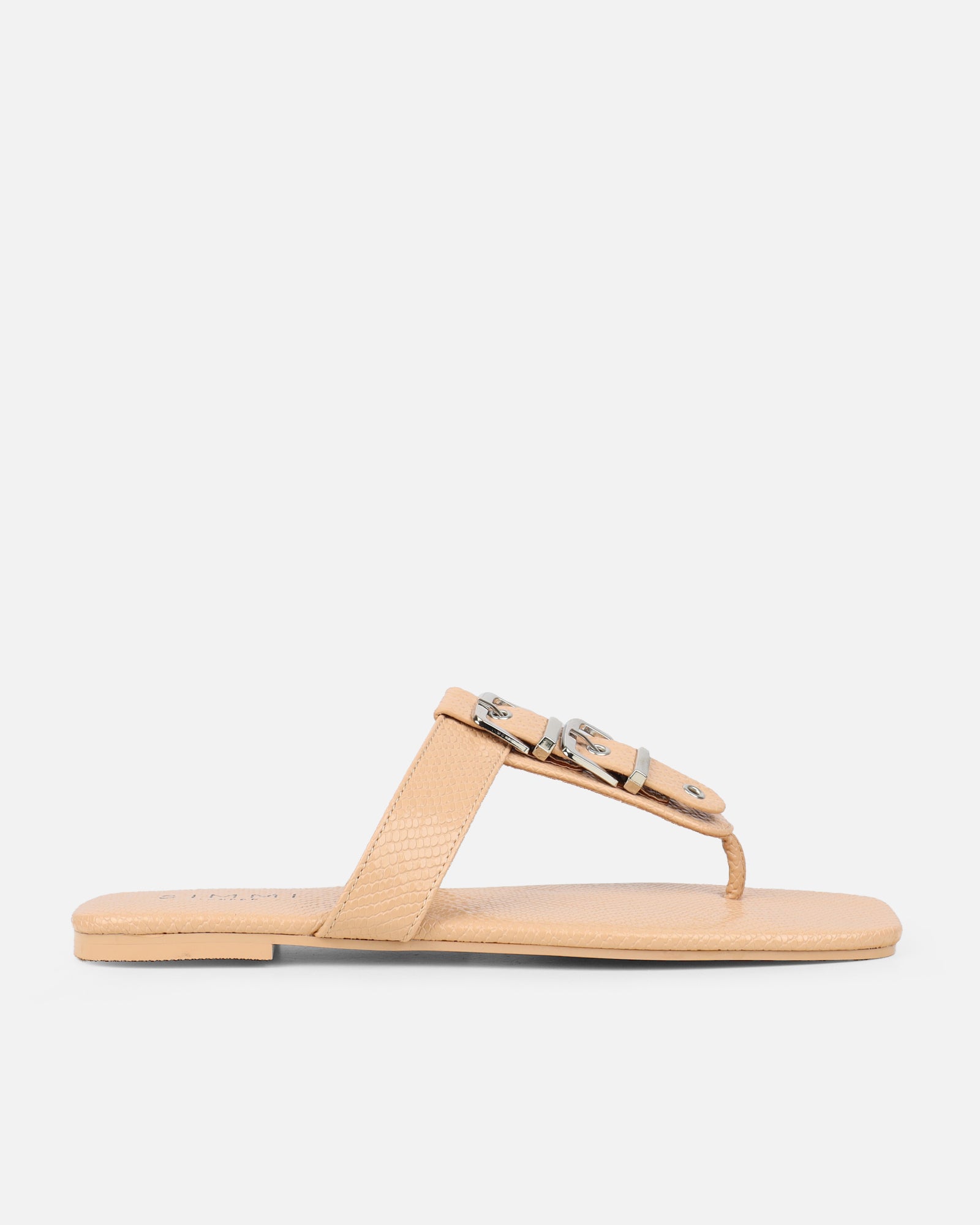 Harlowe Nude Snake Buckle Detail Flat Sandals