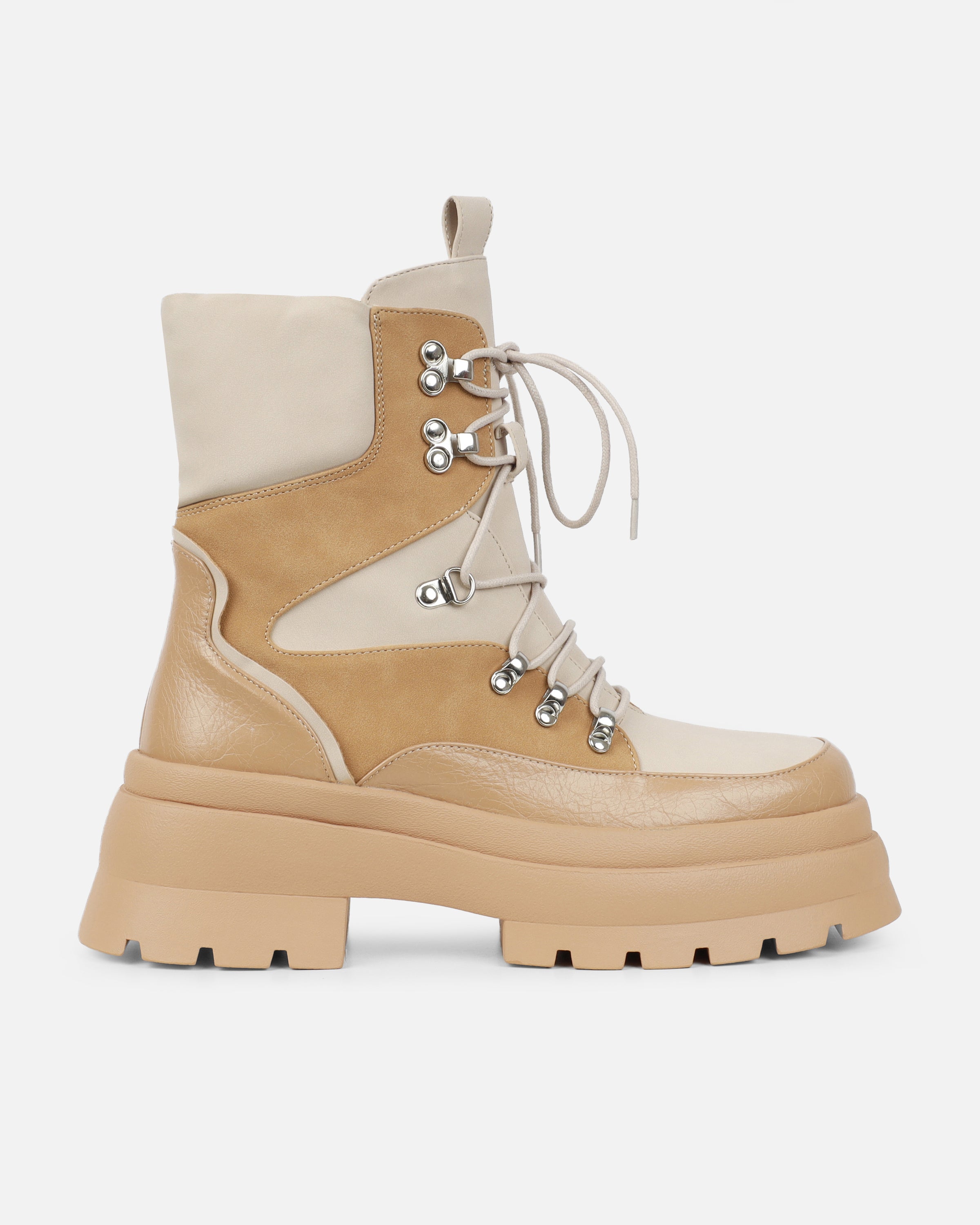 Hector Beige Chunky Flat Lace Up Boots