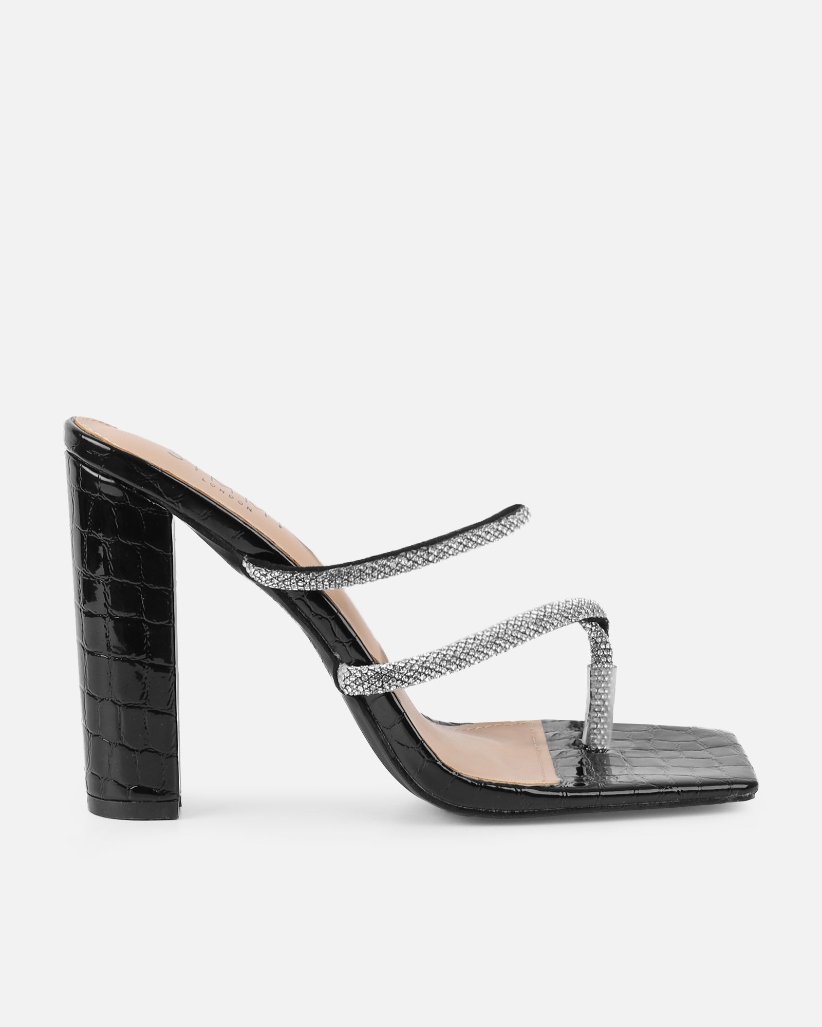 Heera Black Faux Croc Patent Block Heels