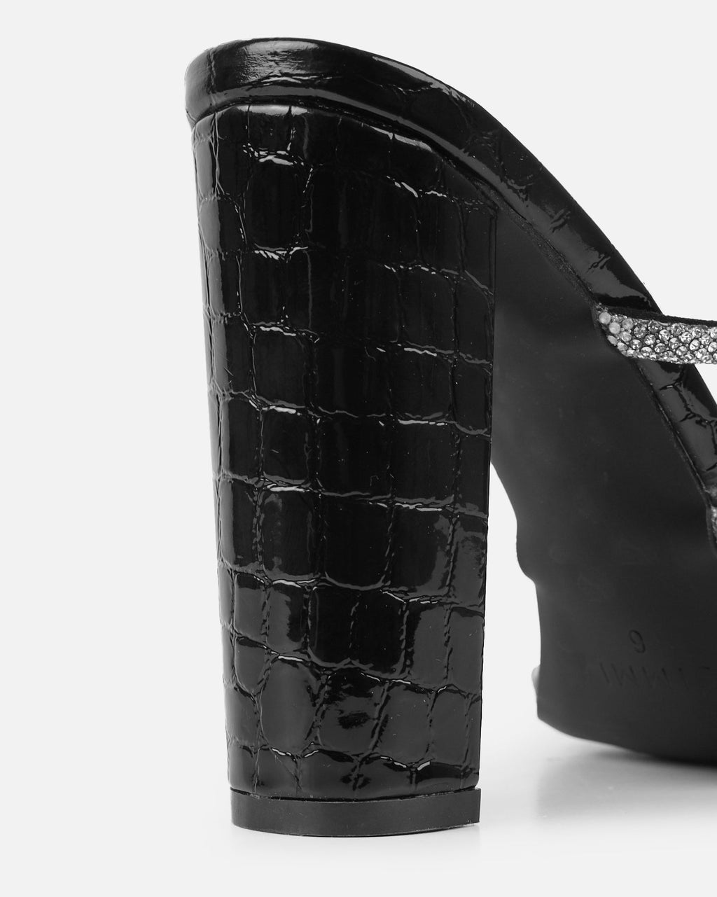 Heera Black Faux Croc Patent Block Heels