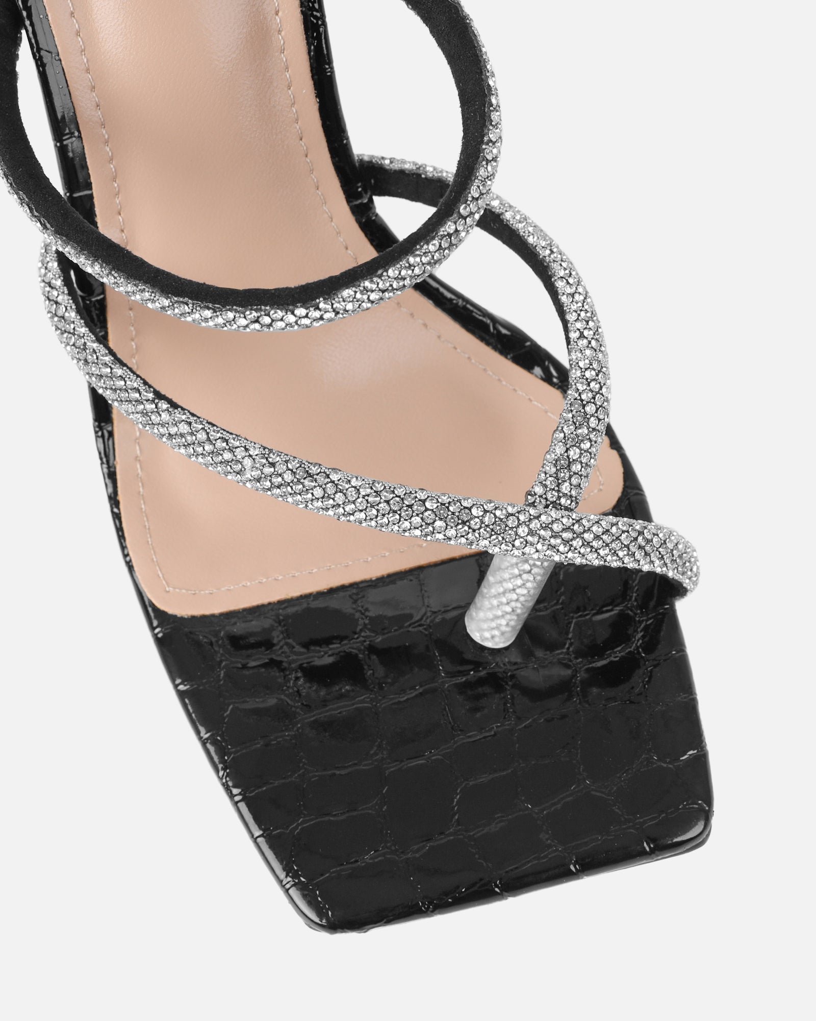 Heera Black Faux Croc Patent Block Heels