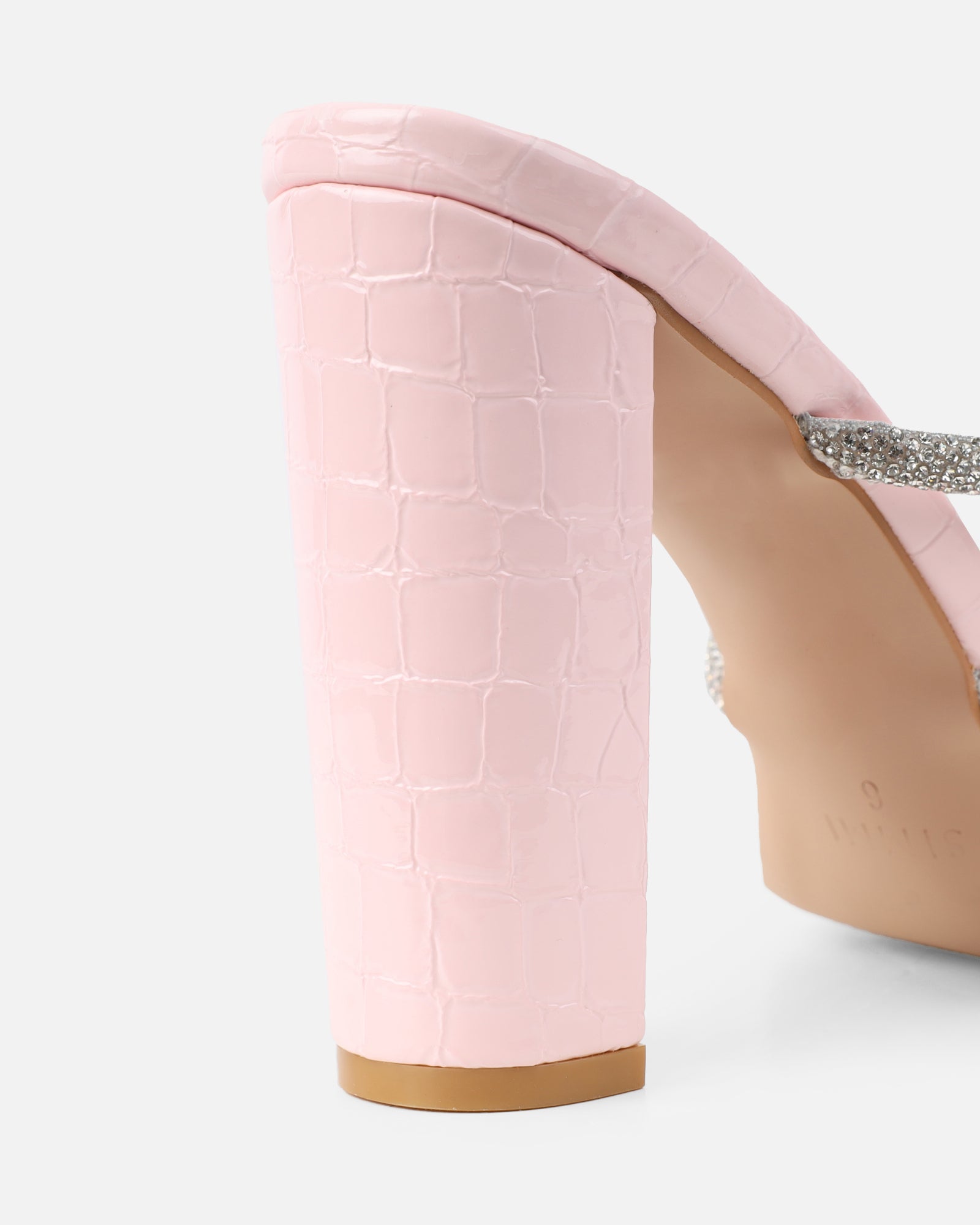 Heera Pink Faux Croc Patent Block Heels