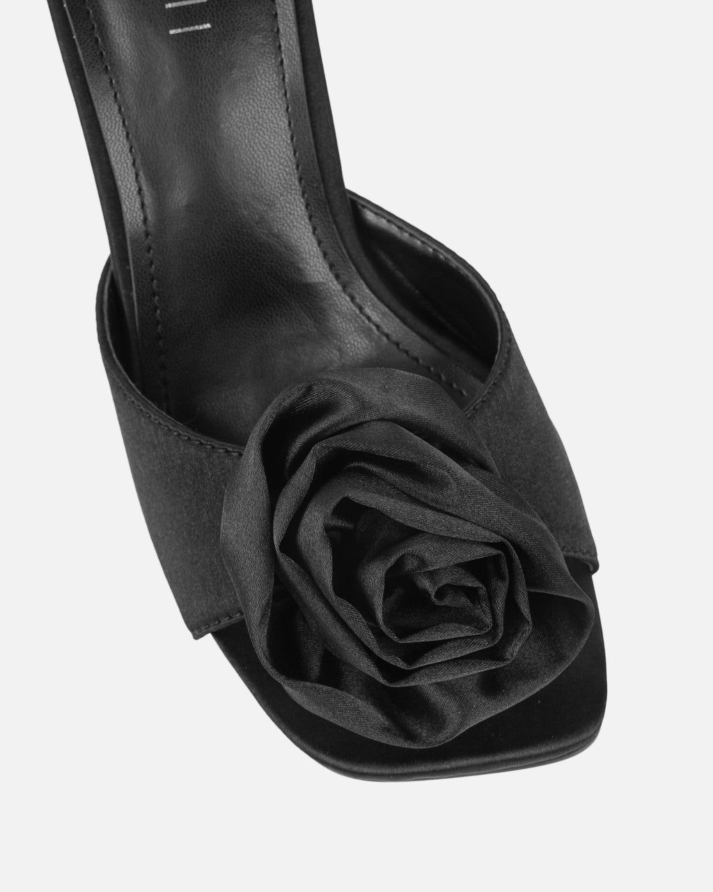 Emberley Black Satin Flower Heeled Sandals