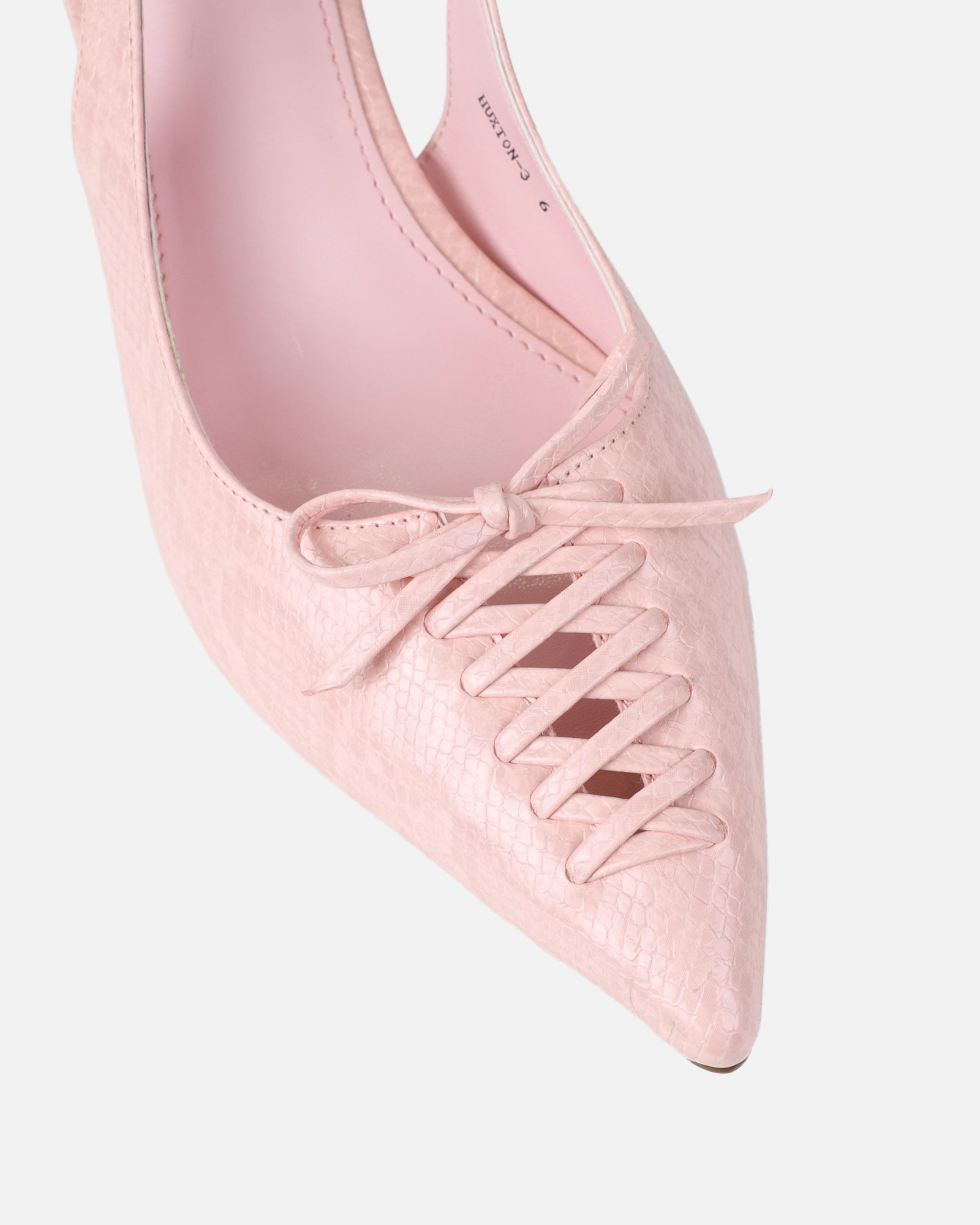 Huxx Pink Faux Snake Lace Detail Low Court Shoes