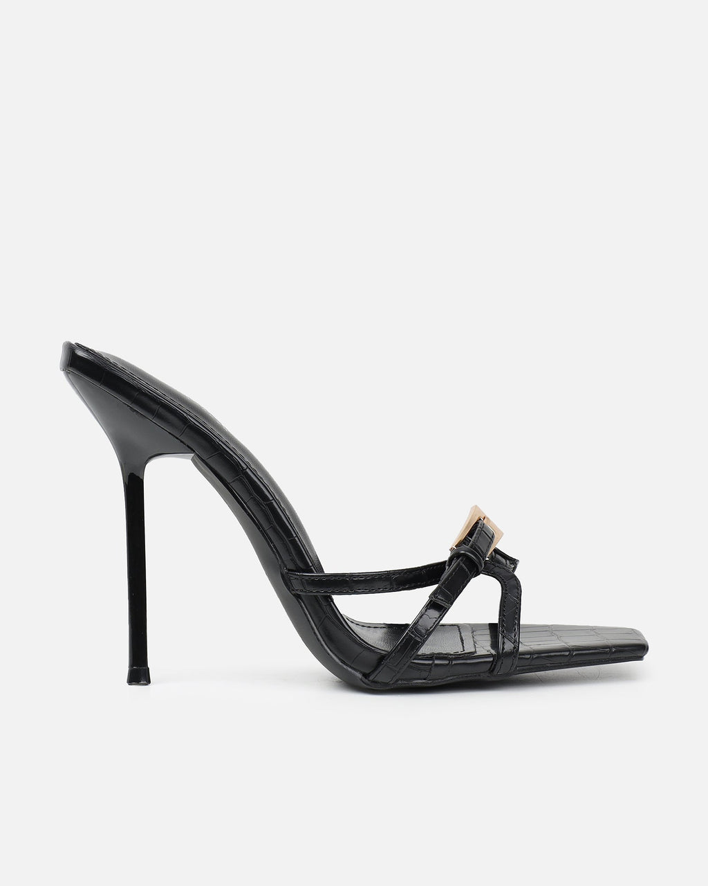 Imaan Black Croc Effect Buckle Heeled Sandals
