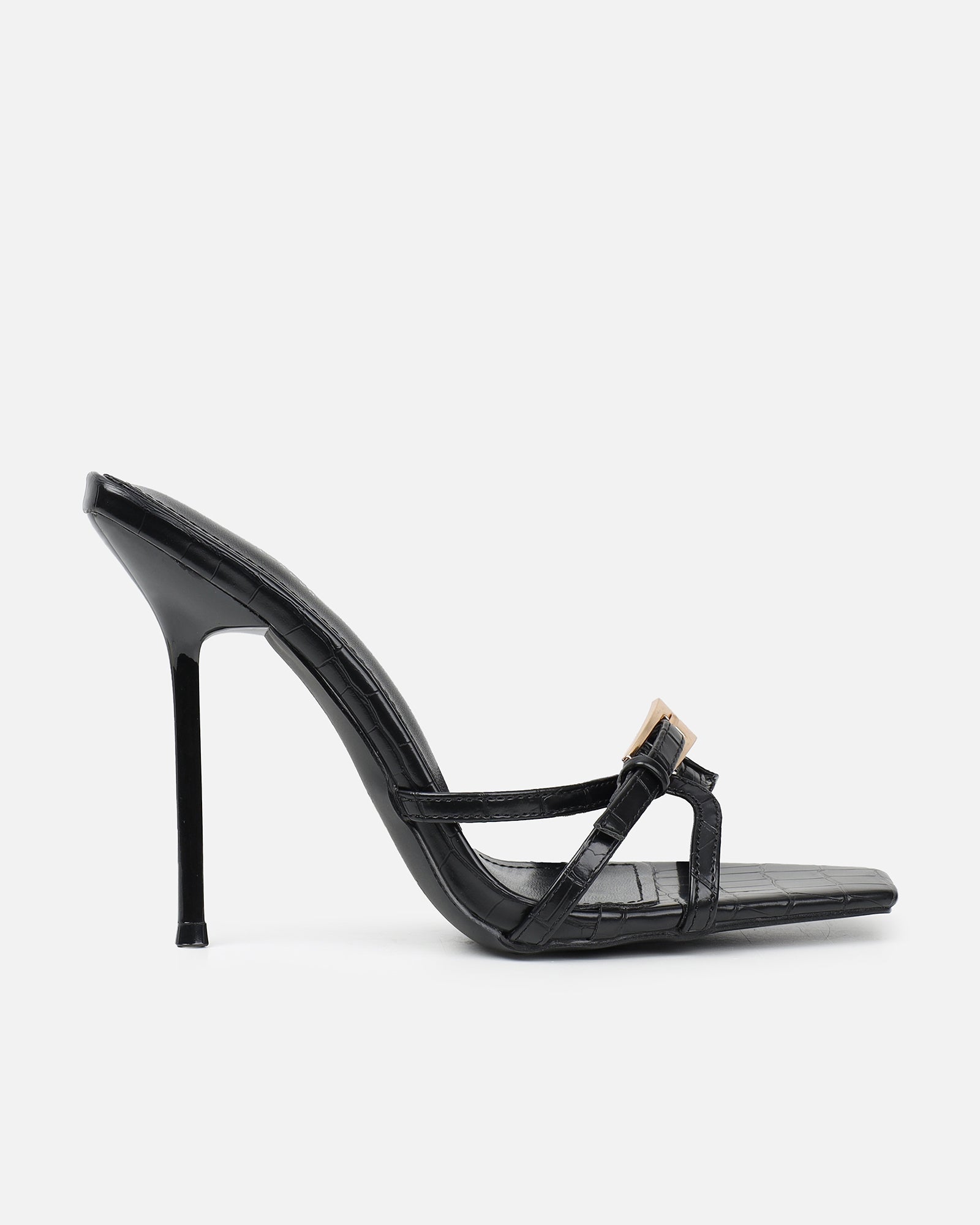 Imaan Black Croc Effect Buckle Heeled Sandals
