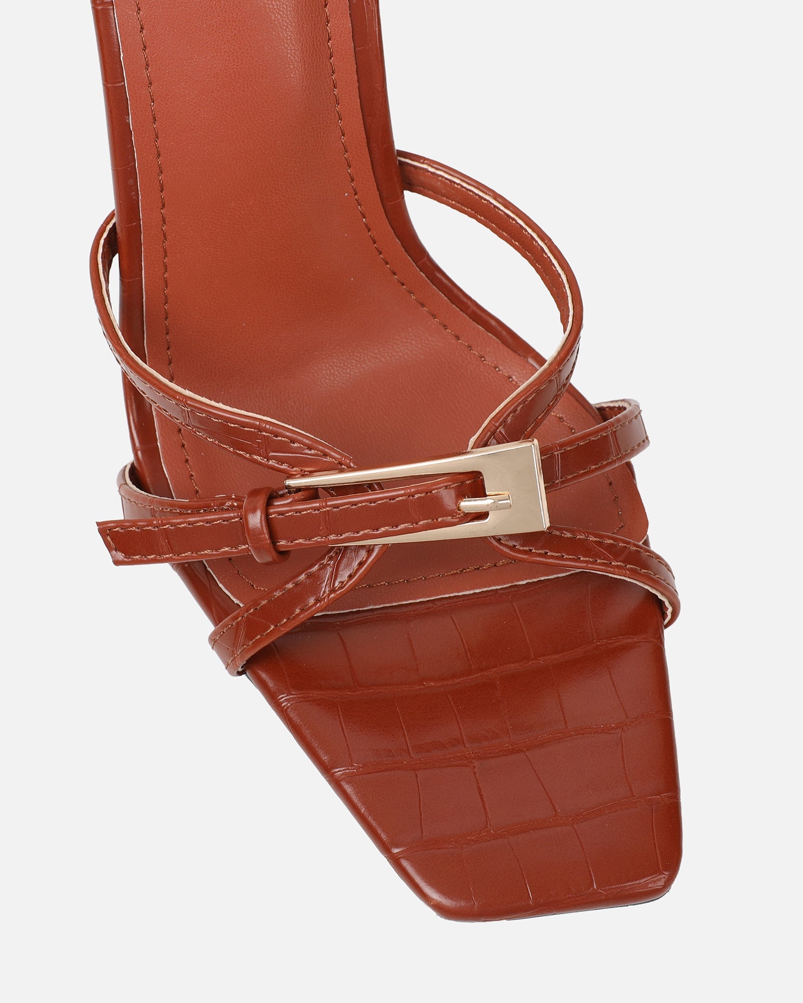Imaan Tan Croc Effect Buckle Heeled Sandals