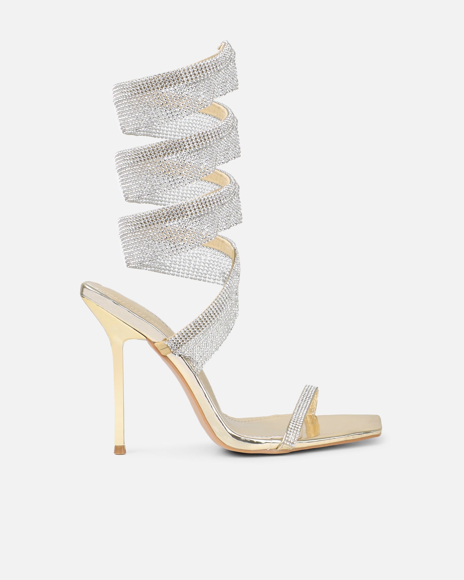 Javana gold mirror diamante spiral heeled sandals