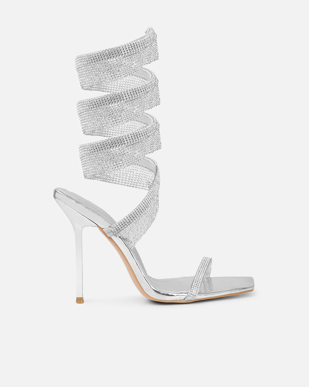 Javana silver mirror diamante spiral heeled sandals