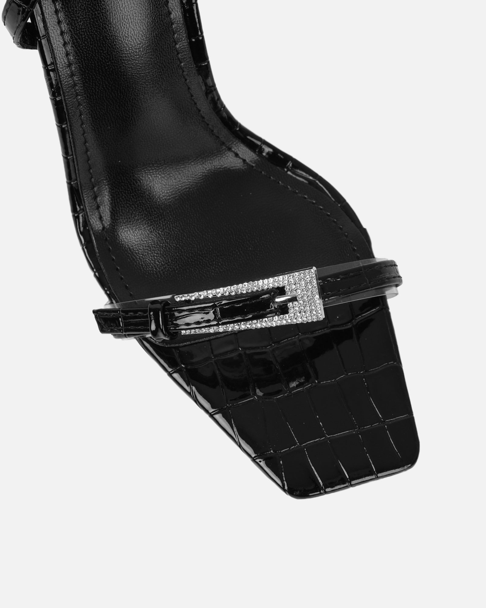Kienna Black Patent Croc Effect Diamante Buckle Heeled Sandals