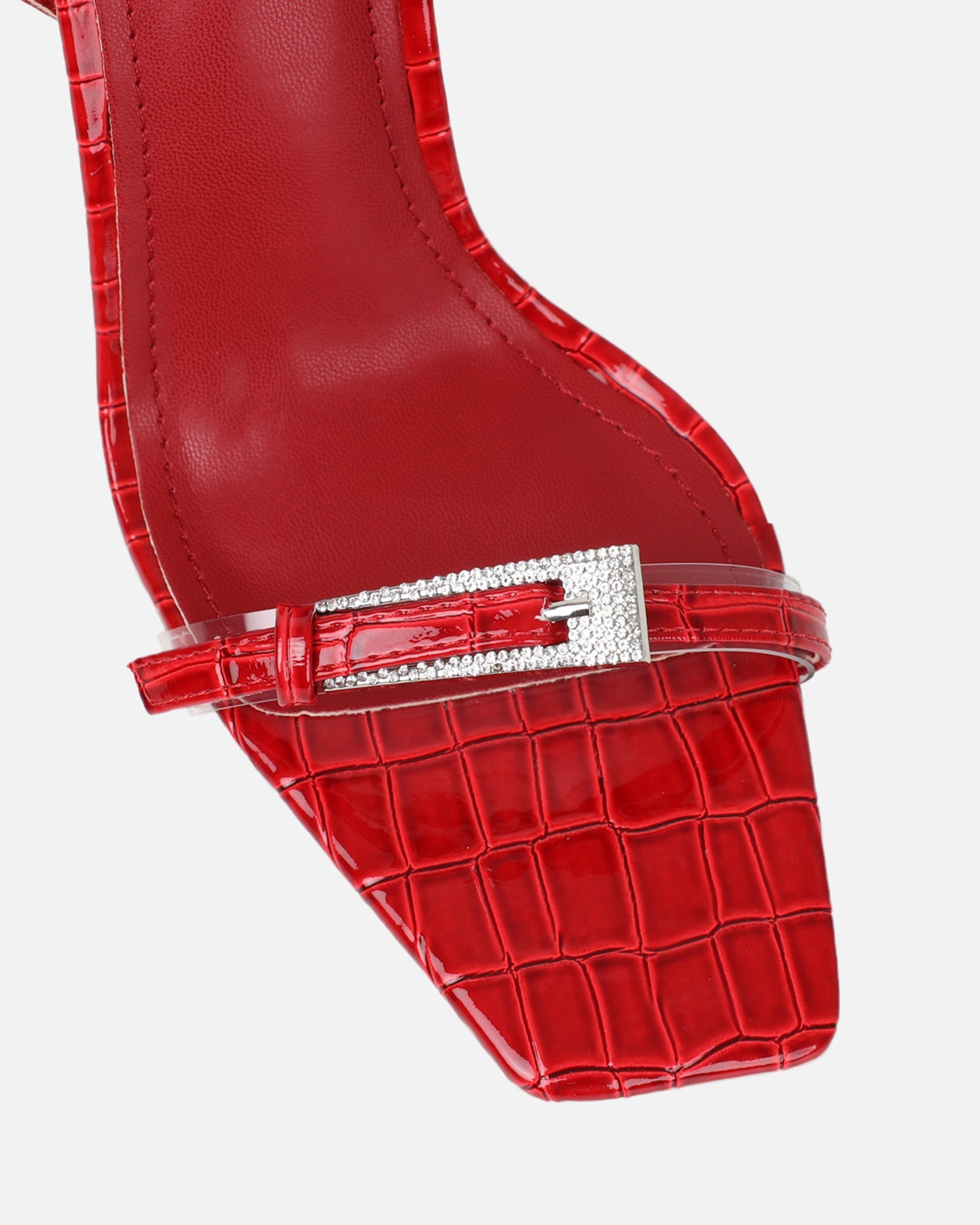 Kienna Red Patent Croc Effect Diamante Buckle Heeled Sandals