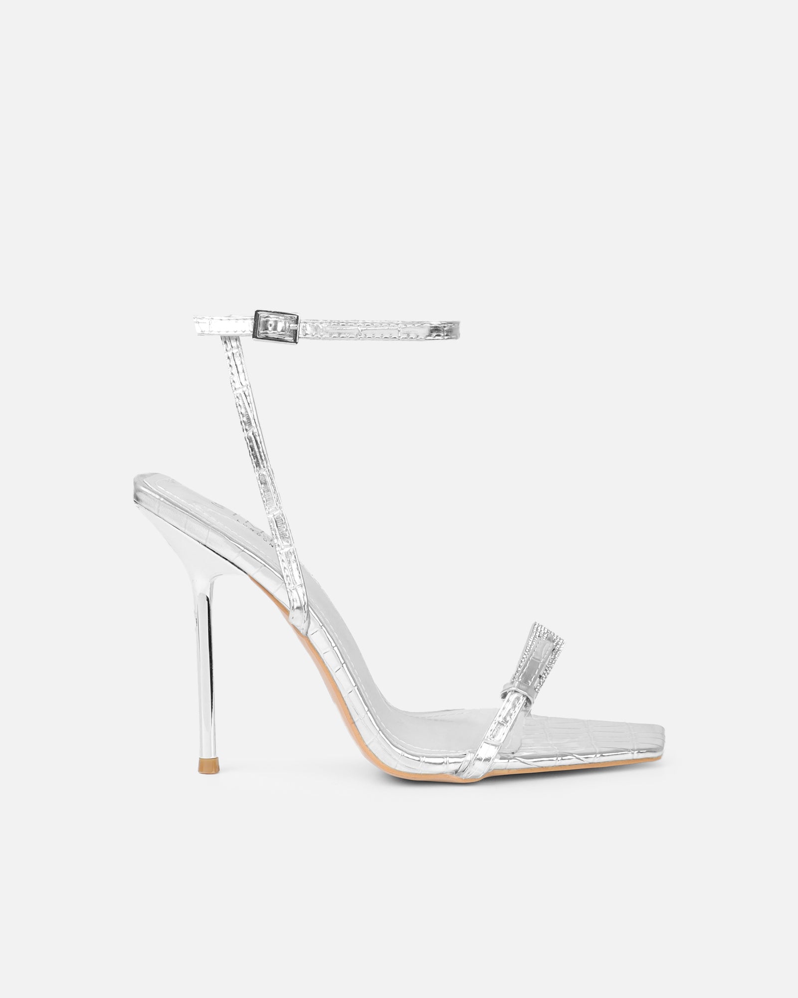 Kienna Silver Croc Effect Diamante Buckle Heeled Sandals